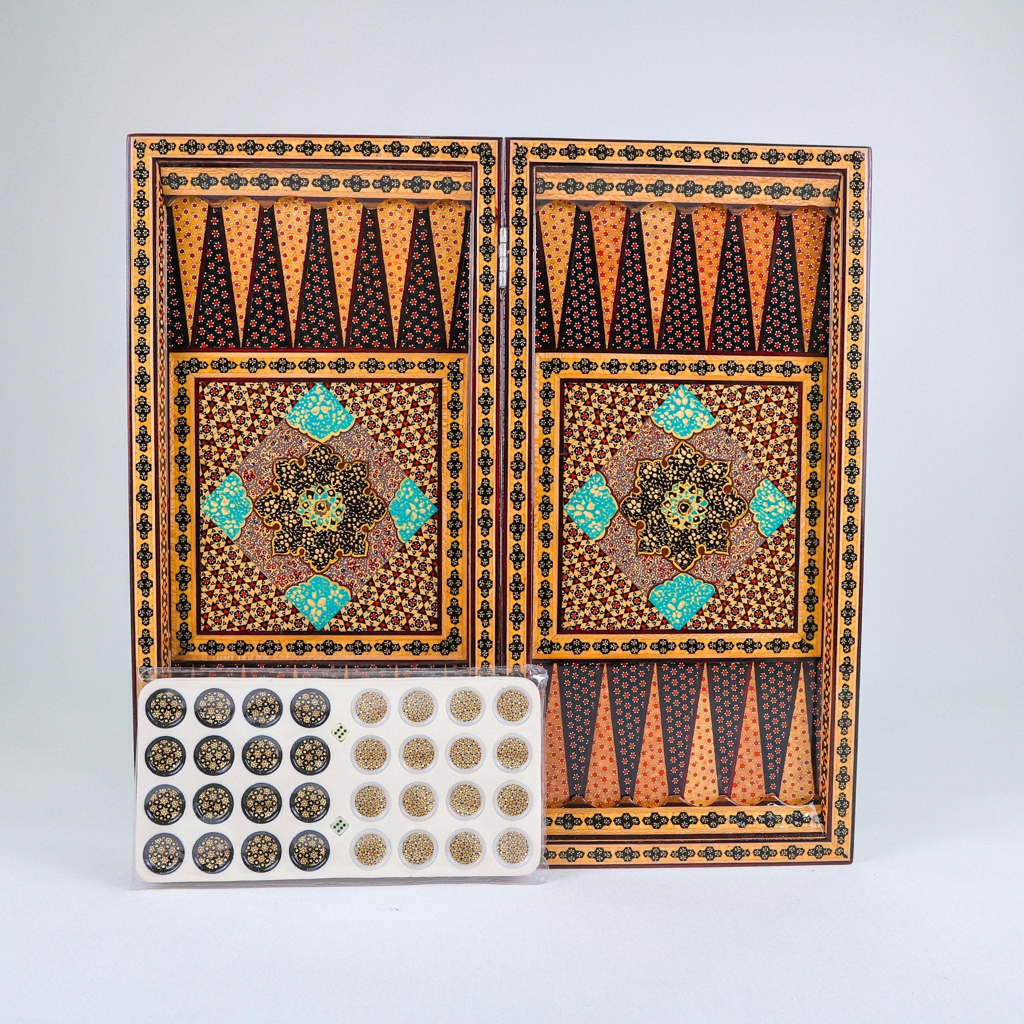 Backgammon & Chess Board – Columned Design – Hand - Painted Tazhib – Design 09 – Size 50 cm - Meraas Gallery