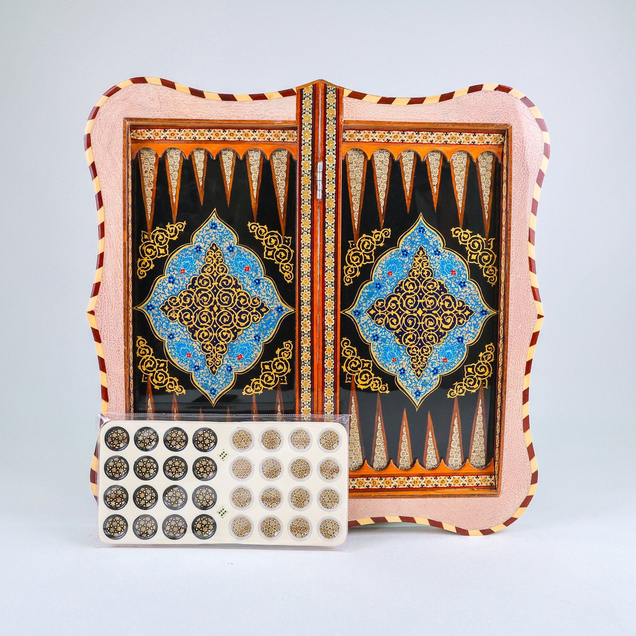 Backgammon & Chess Board – Columned Design – Hand - Painted Tazhib – Design 10 – Size 50 cm - Meraas Gallery