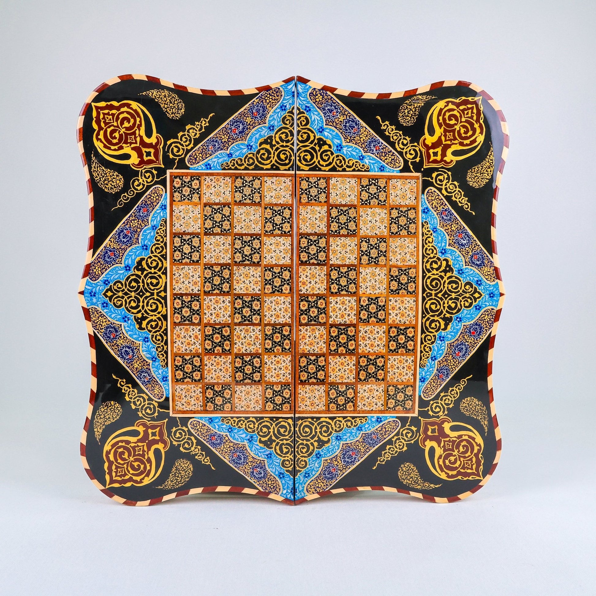 Backgammon & Chess Board – Columned Design – Hand - Painted Tazhib – Design 10 – Size 50 cm - Meraas Gallery