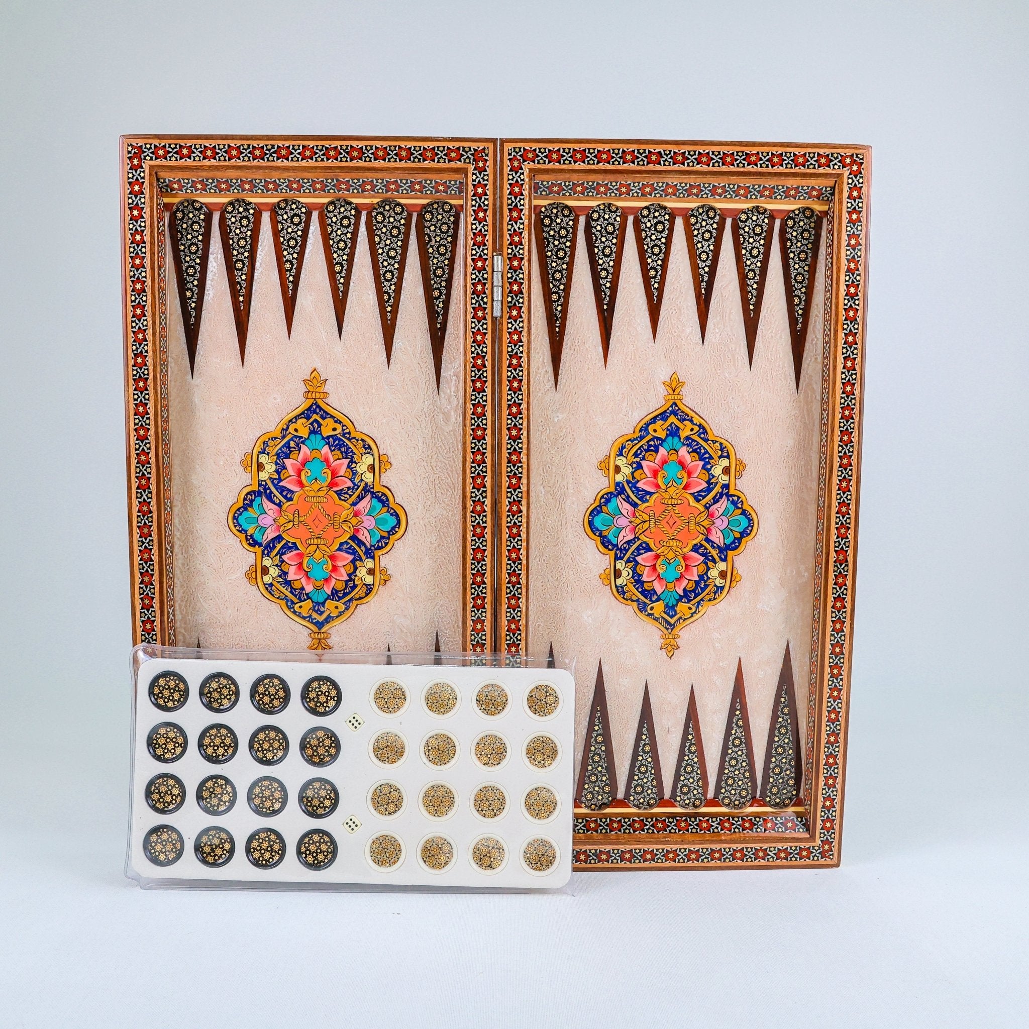Backgammon & Chess Board – Columned Design – Hand - Painted Tazhib – Design 13 – Size 50 cm - Meraas Gallery