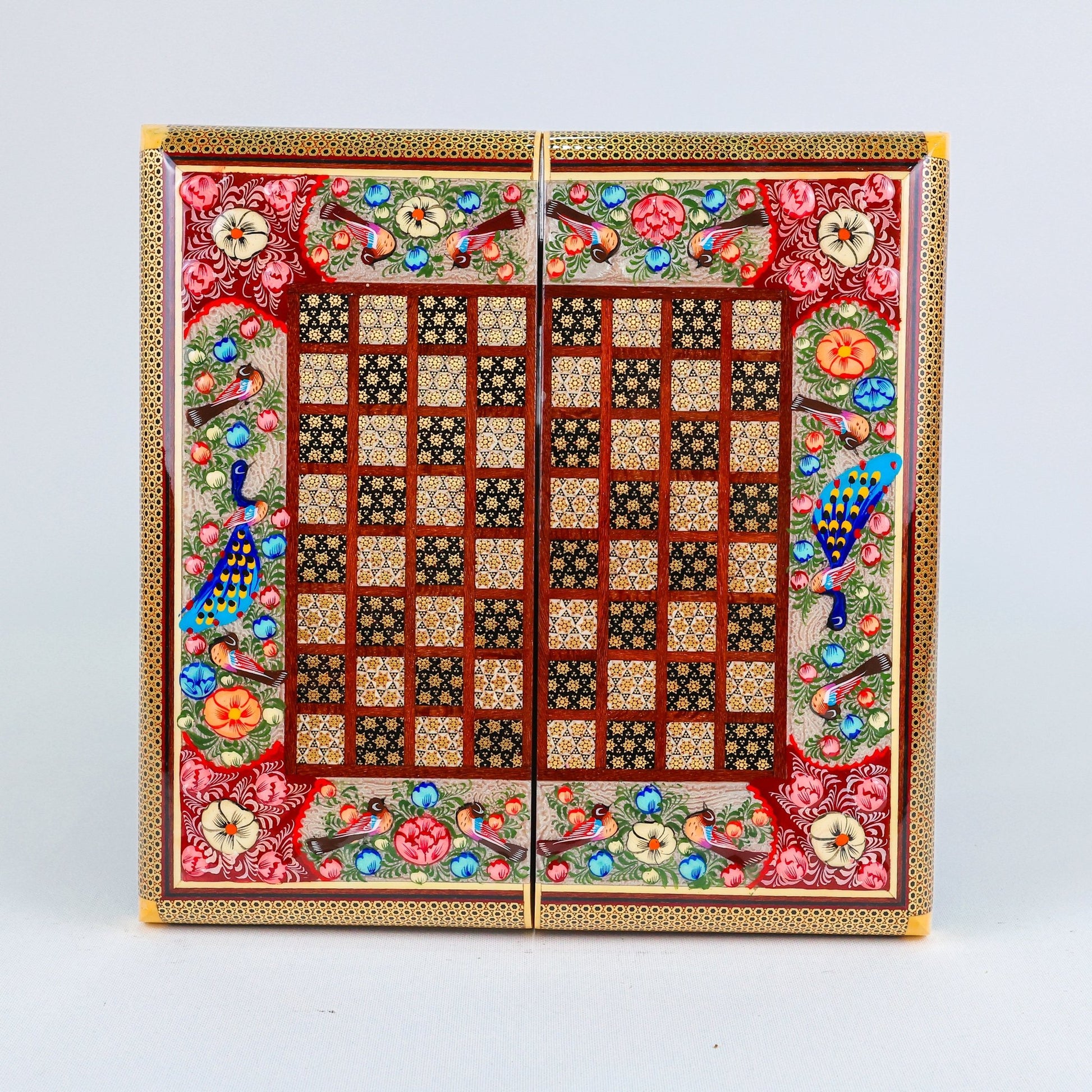 Backgammon & Chess Board – Hand - Painted Surface – Khatam Interior – Design 02 – Size 30 cm - Meraas Gallery