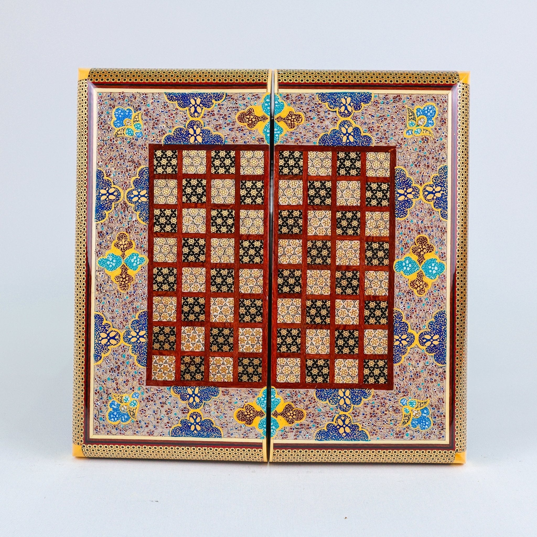Backgammon & Chess Board – Hand - Painted Surface – Khatam Interior – Design 04 – Size 30 cm - Meraas Gallery