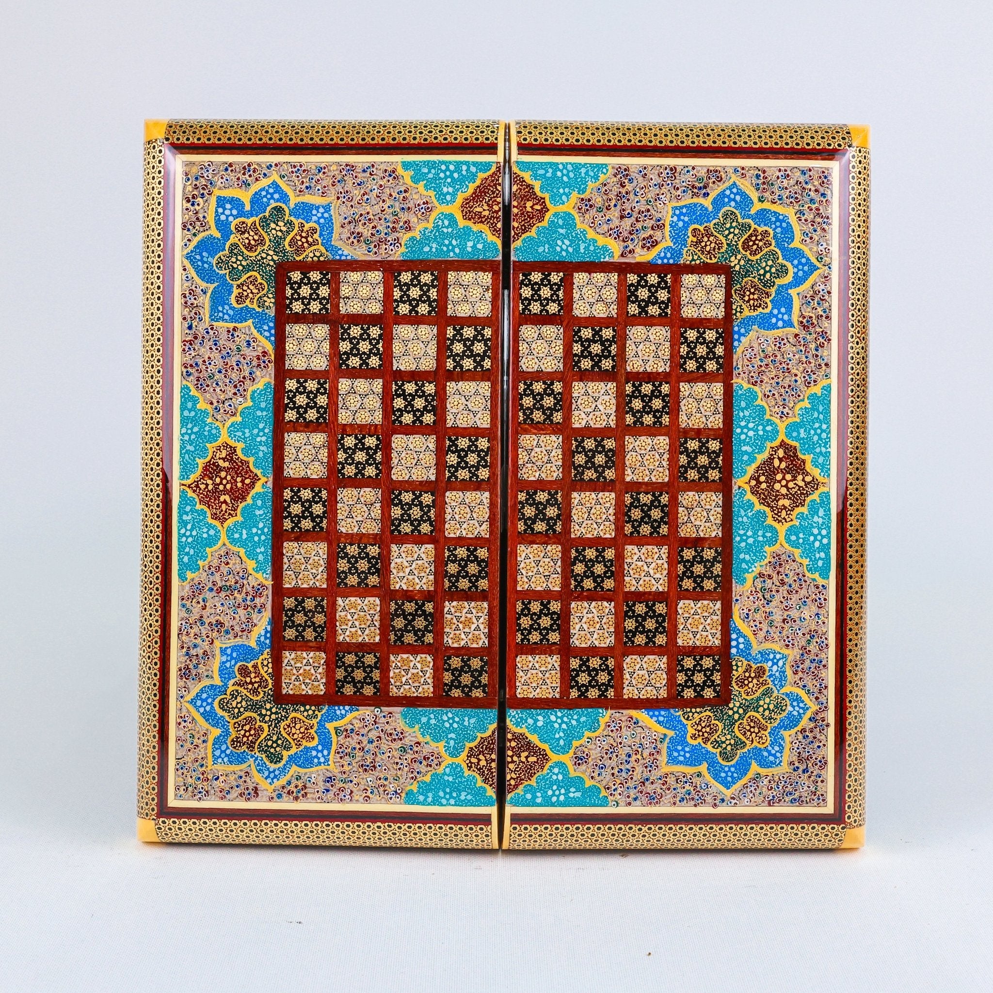 Backgammon & Chess Board – Hand - Painted Surface – Khatam Interior – Design 05 – Size 30 cm - Meraas Gallery
