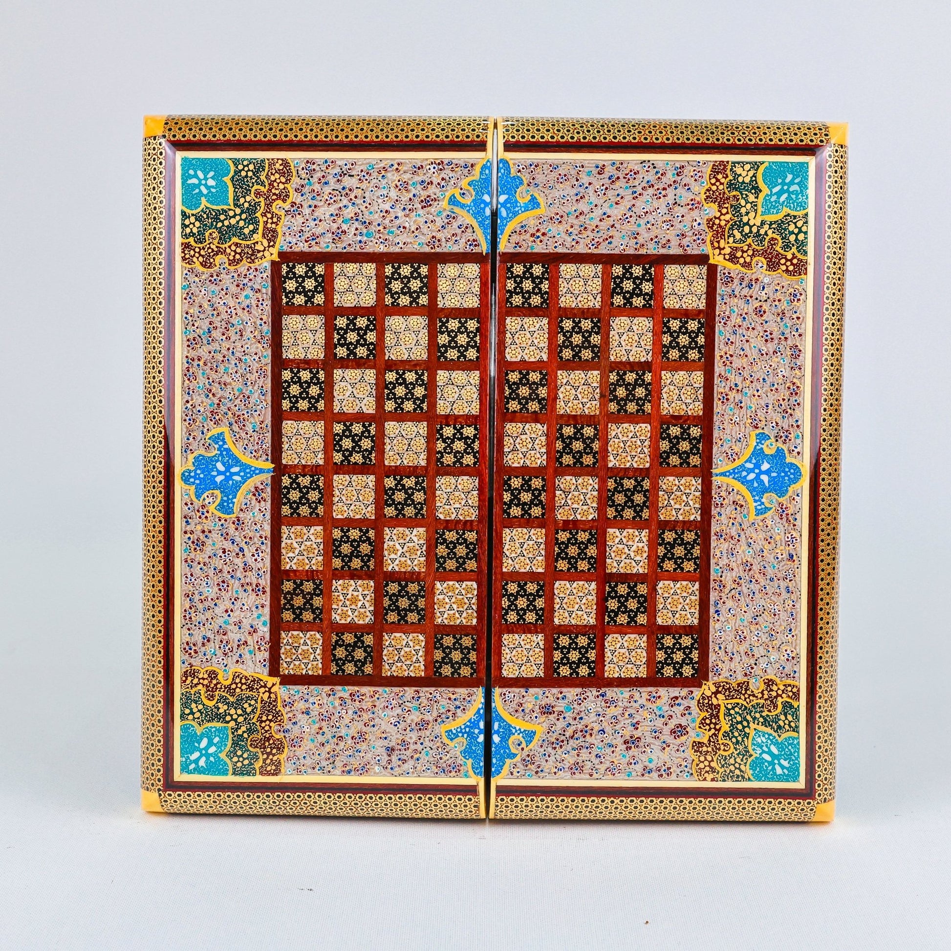 Backgammon & Chess Board – Hand - Painted Surface – Khatam Interior – Design 06 – Size 30 cm - Meraas Gallery