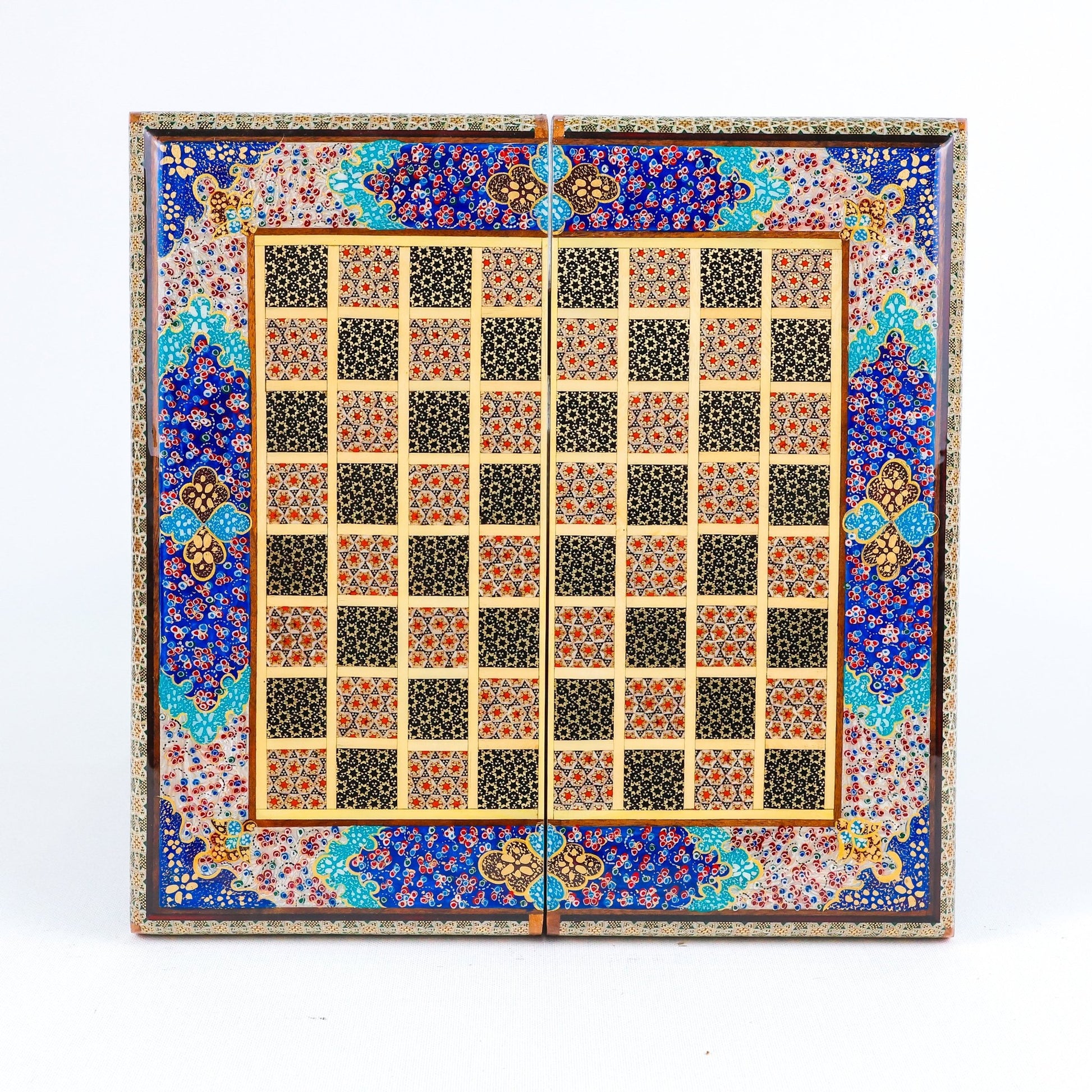 Backgammon & Chess Board – Rounded Edge – Mother - of - Pearl Interior – Tazhib Design 02 – Size 30 cm - Meraas Gallery