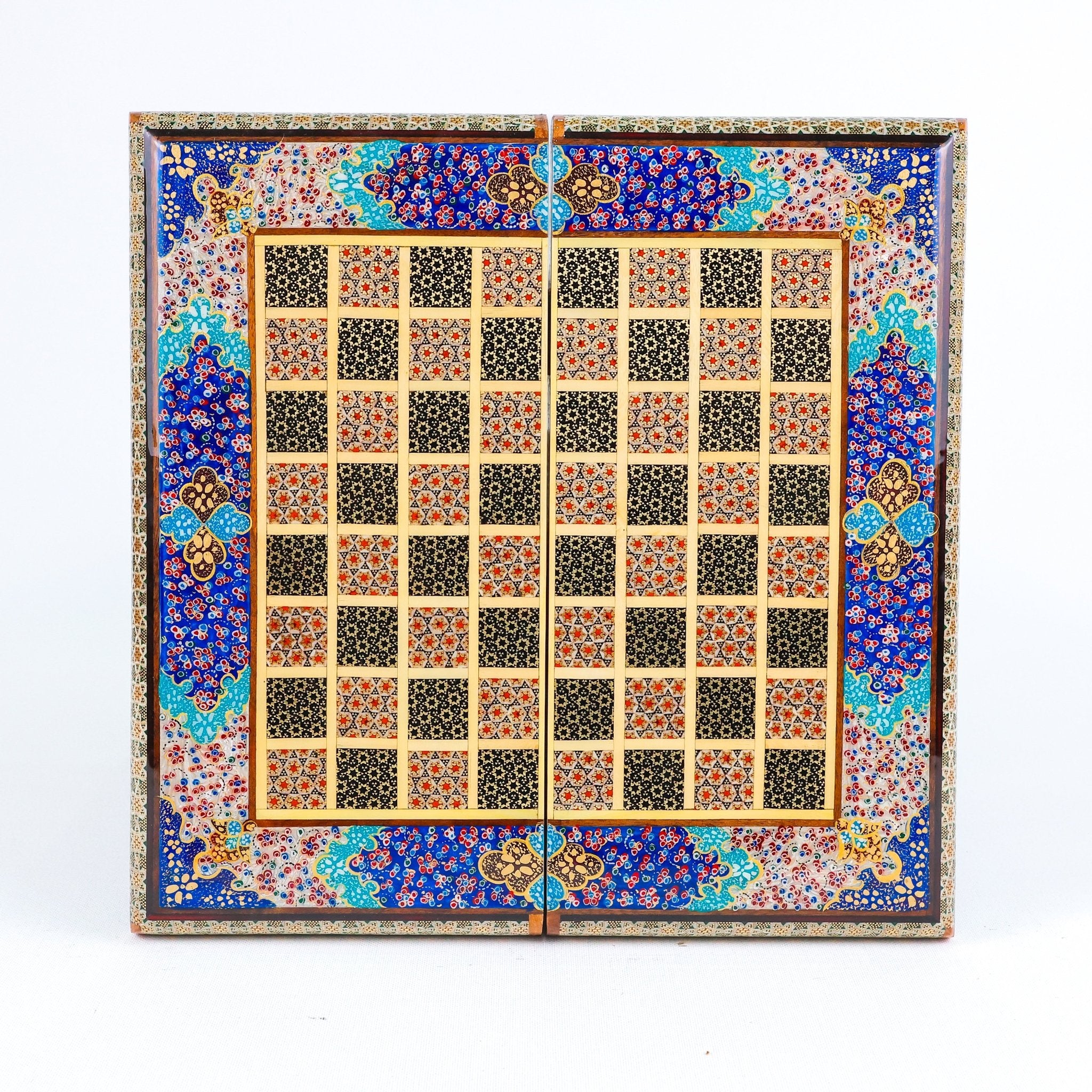 Backgammon & Chess Board – Rounded Edge – Mother - of - Pearl Interior – Tazhib Design 02 – Size 30 cm - Meraas Gallery
