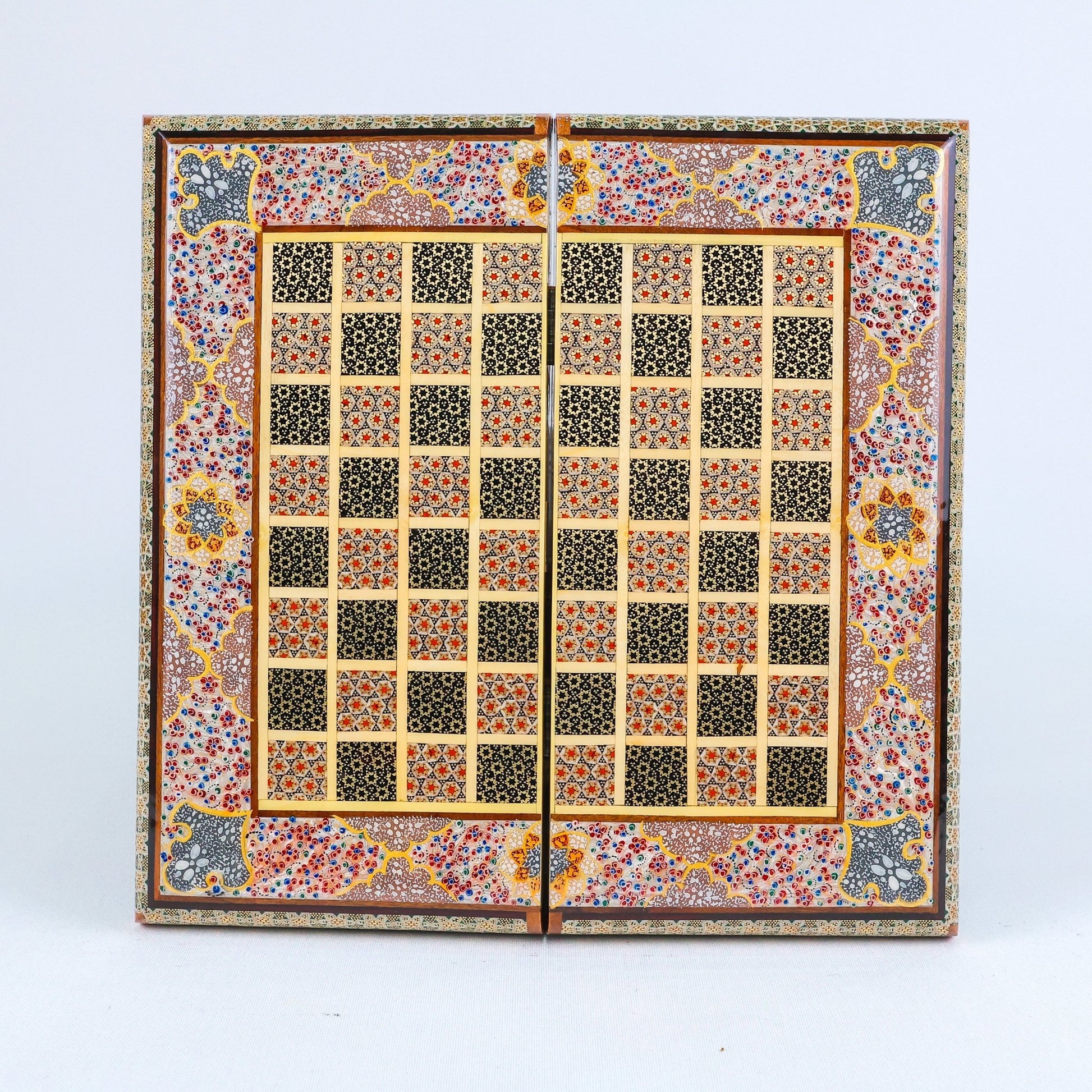 Backgammon & Chess Board – Rounded Edge – Mother - of - Pearl Interior – Tazhib Design 03 – Size 30 cm - Meraas Gallery