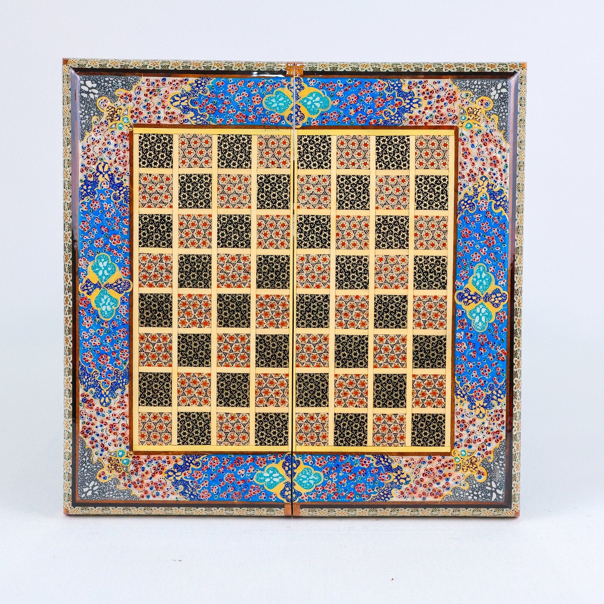 Backgammon & Chess Board – Rounded Edge – Mother - of - Pearl Interior – Tazhib Design 04 – Size 30 cm - Meraas Gallery