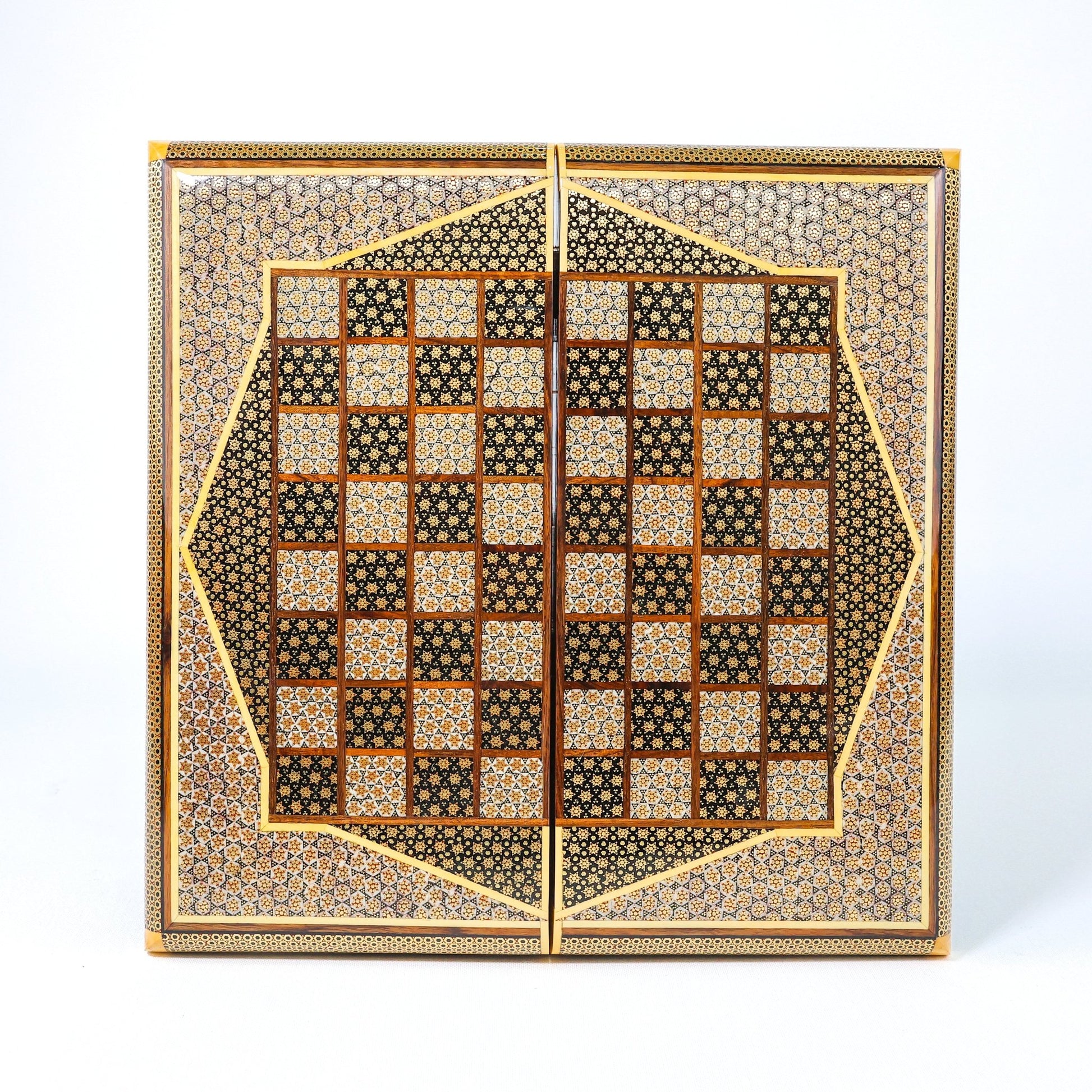 Backgammon & Chess Board – Full Khatam – Mother - of - Pearl Interior – Design 03 – Size 35 cm - Meraas Gallery