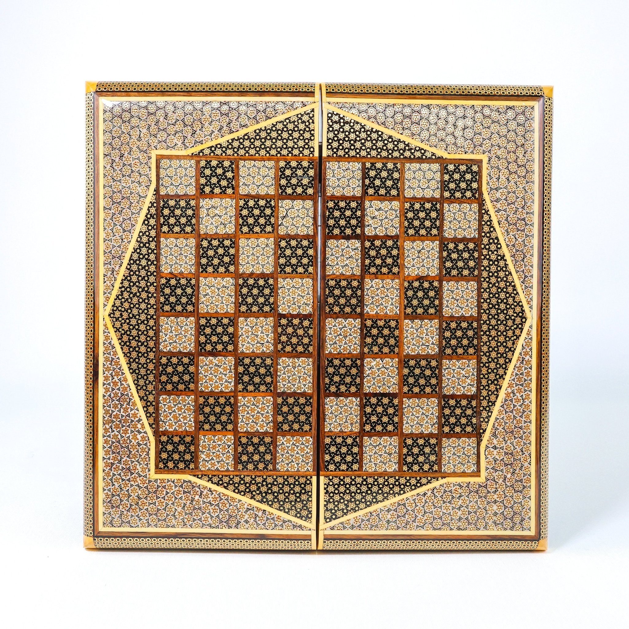 Backgammon & Chess Board – Full Khatam – Mother - of - Pearl Interior – Design 03 – Size 35 cm - Meraas Gallery