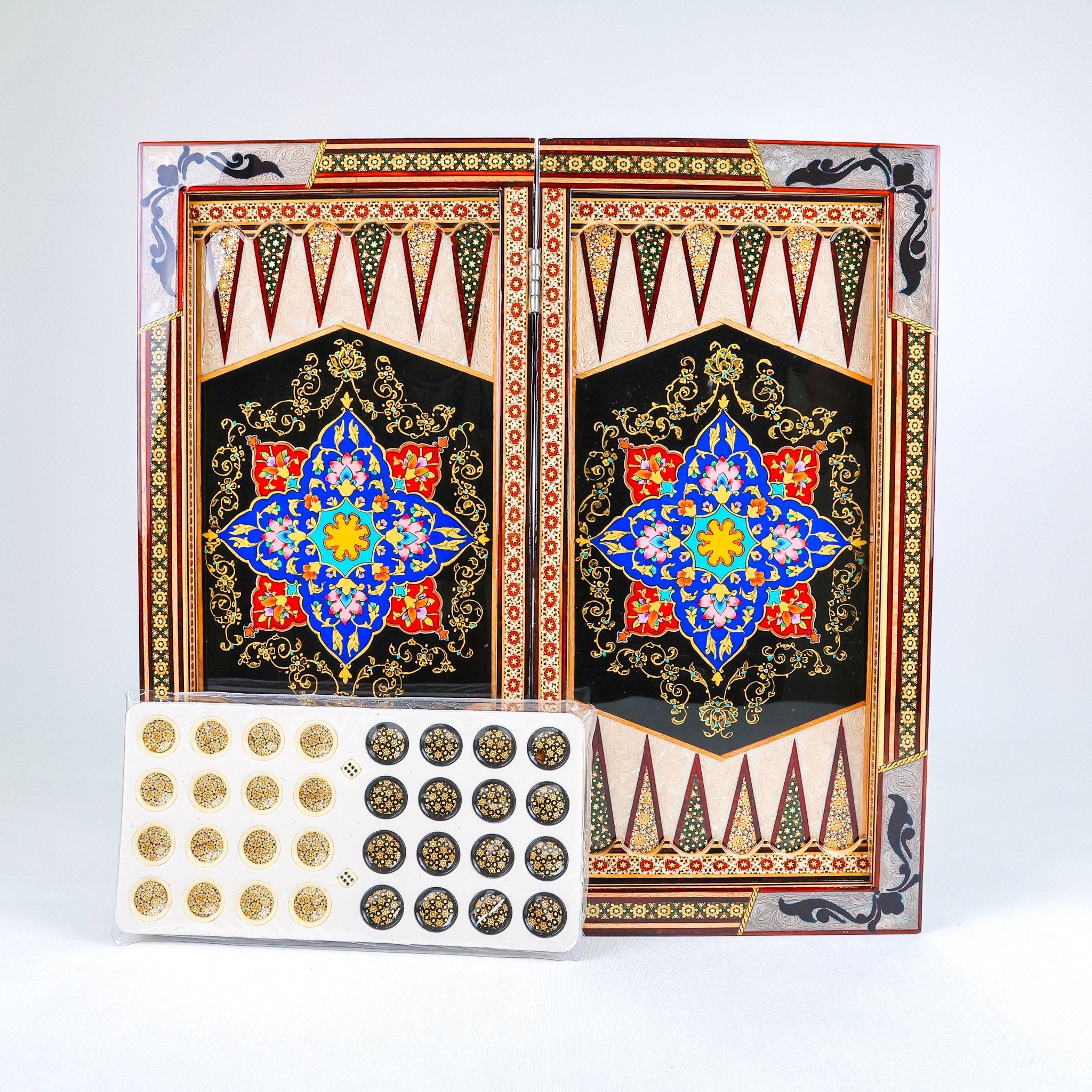 Backgammon Board – Shirazi Hand - Painted – Wire Khatam – Premium Quality – Design 01 – Size 50 cm - Meraas Gallery