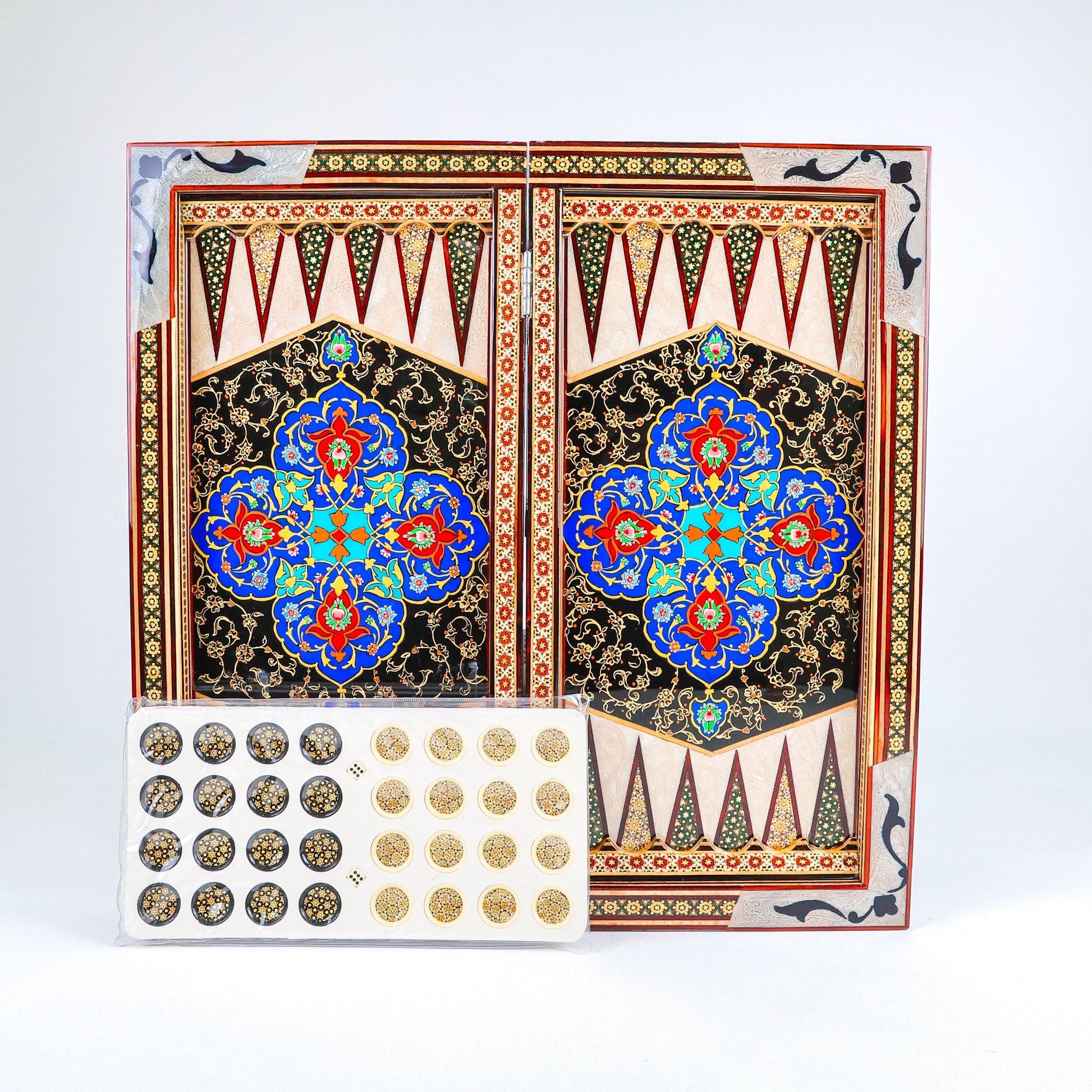 Backgammon Board – Shirazi Hand - Painted – Wire Khatam – Premium Quality – Design 03 – Size 50 cm - Meraas Gallery