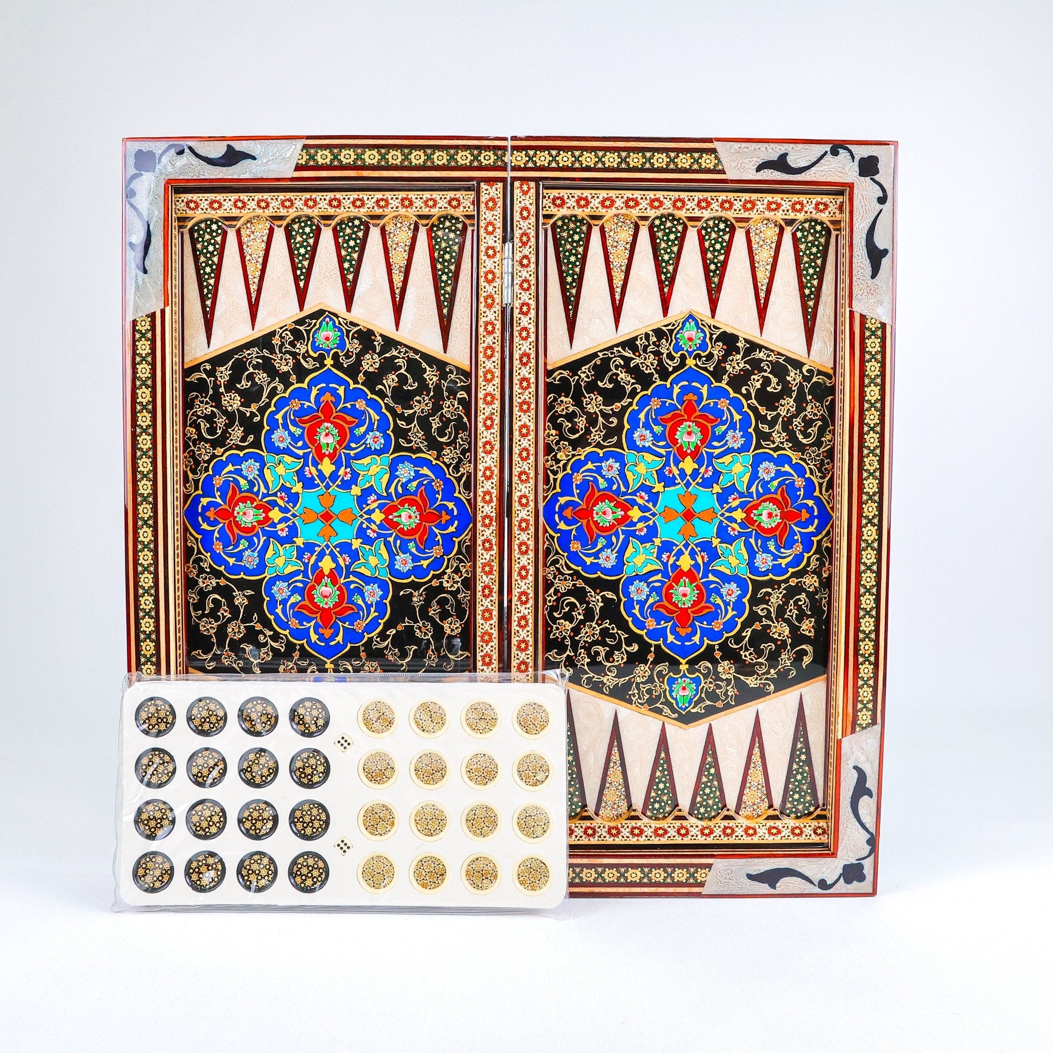 Backgammon Board – Shirazi Hand - Painted – Wire Khatam – Premium Quality – Design 03 – Size 50 cm - Meraas Gallery