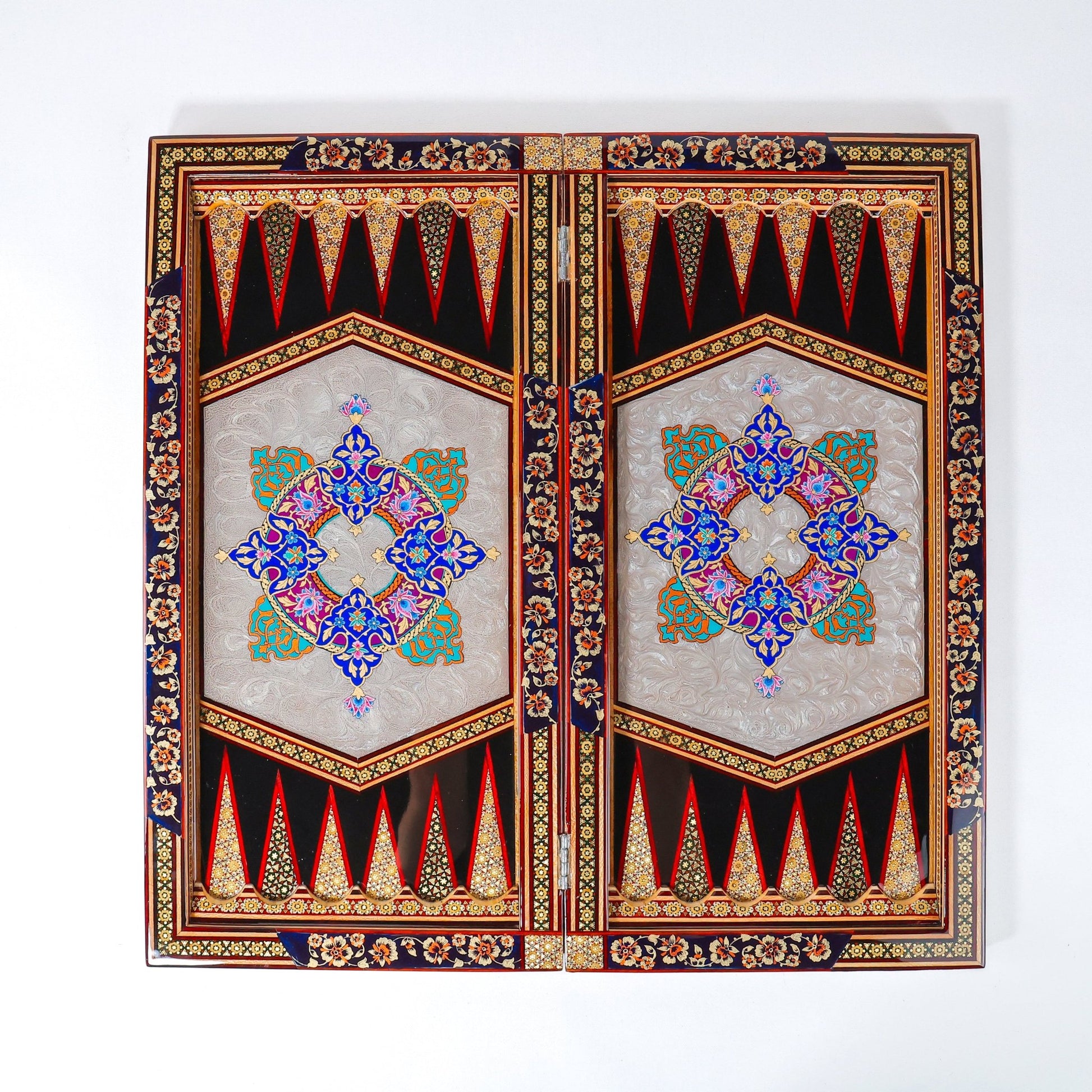 Backgammon Board – Full Khatam – Columned Design – Blue Tazhib – Size 60 cm - Meraas Gallery