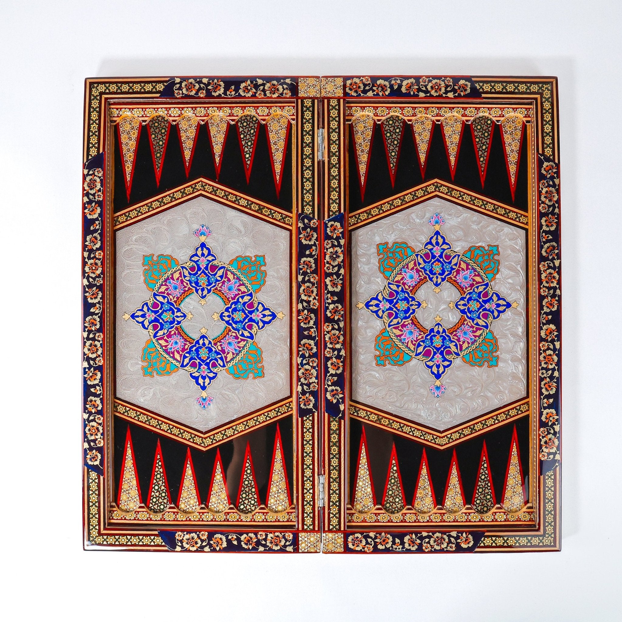 Backgammon Board – Full Khatam – Columned Design – Blue Tazhib – Size 60 cm - Meraas Gallery