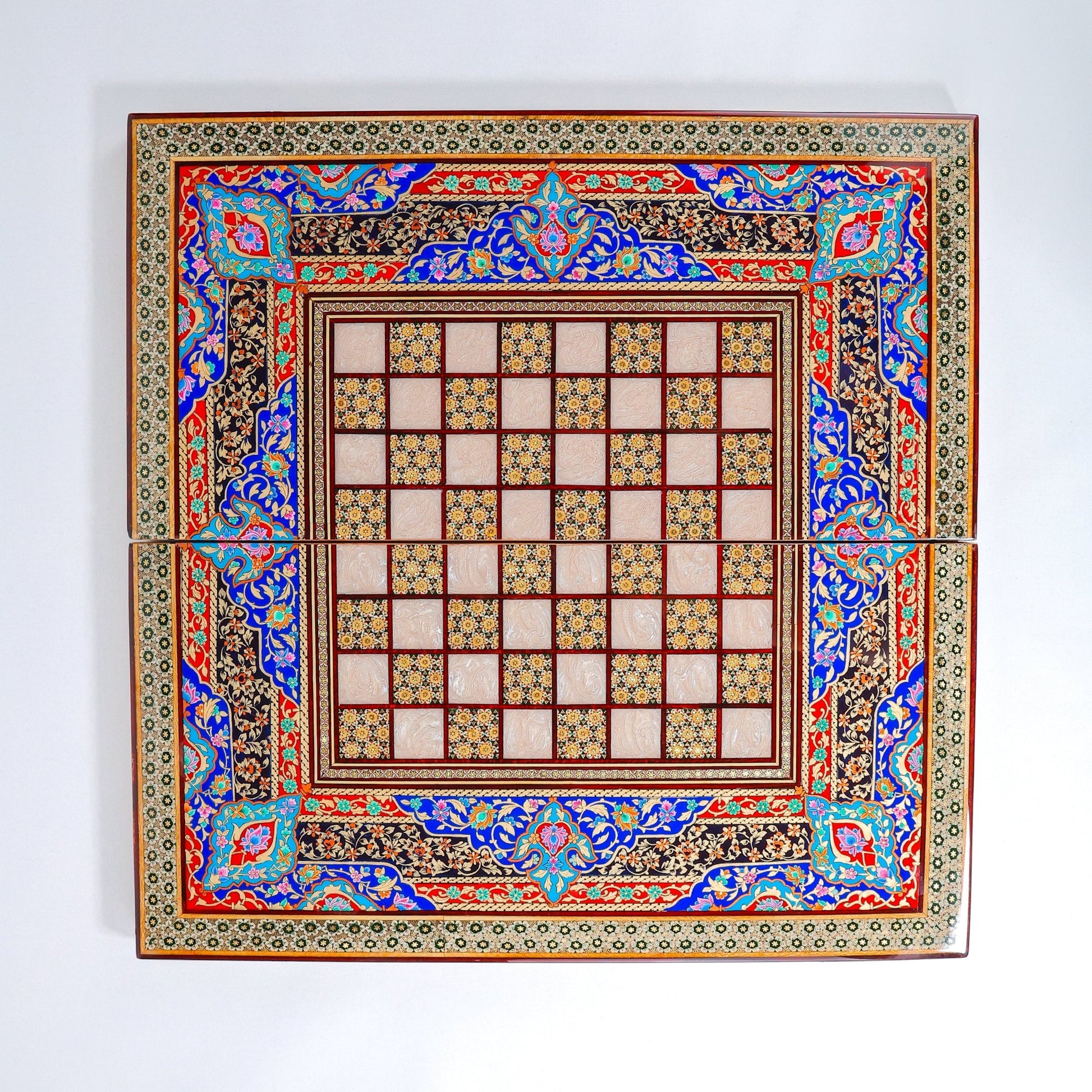 Backgammon Board – Full Khatam – Columned Design – Blue Tazhib – Size 60 cm - Meraas Gallery