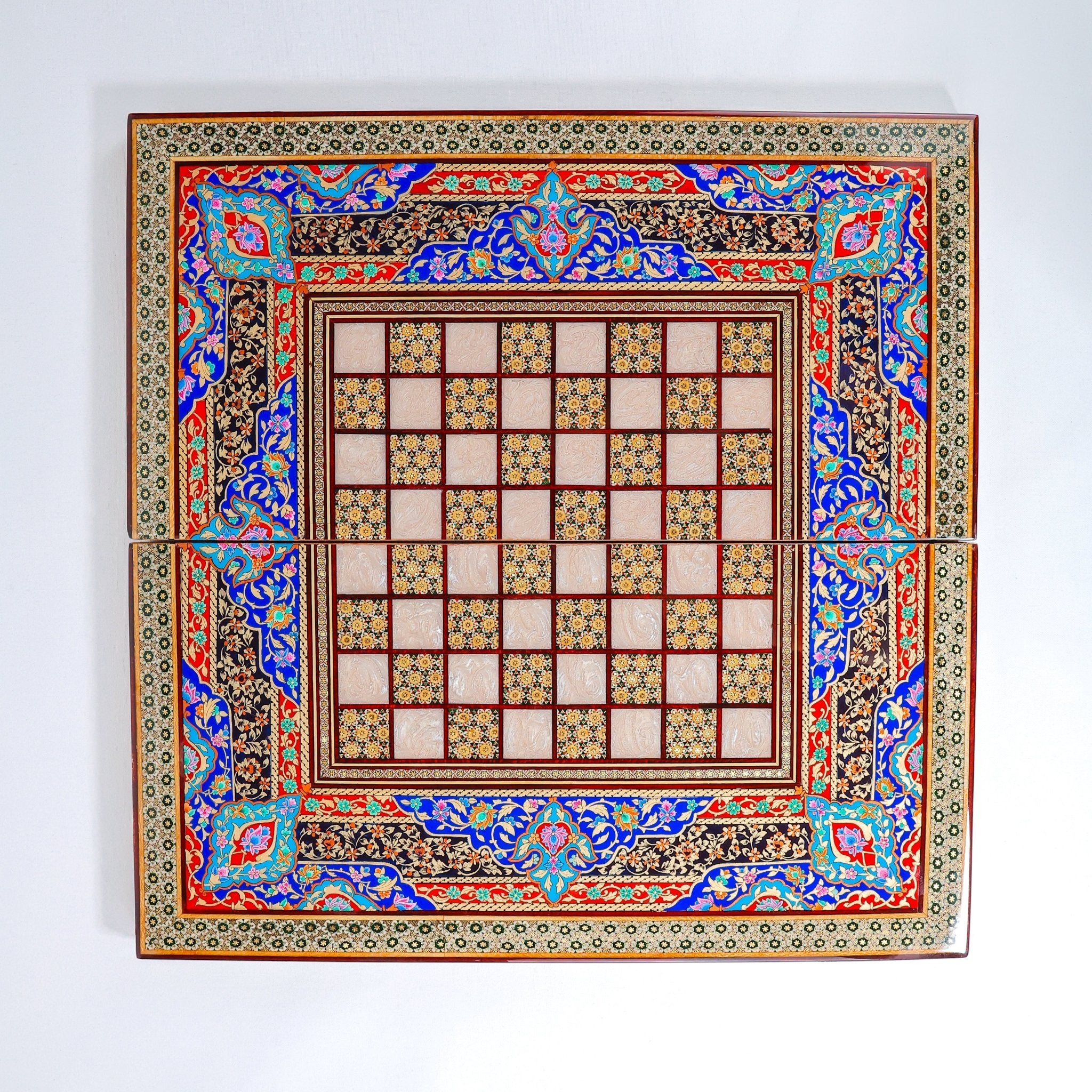 Backgammon Board – Full Khatam – Columned Design – Blue Tazhib – Size 60 cm - Meraas Gallery