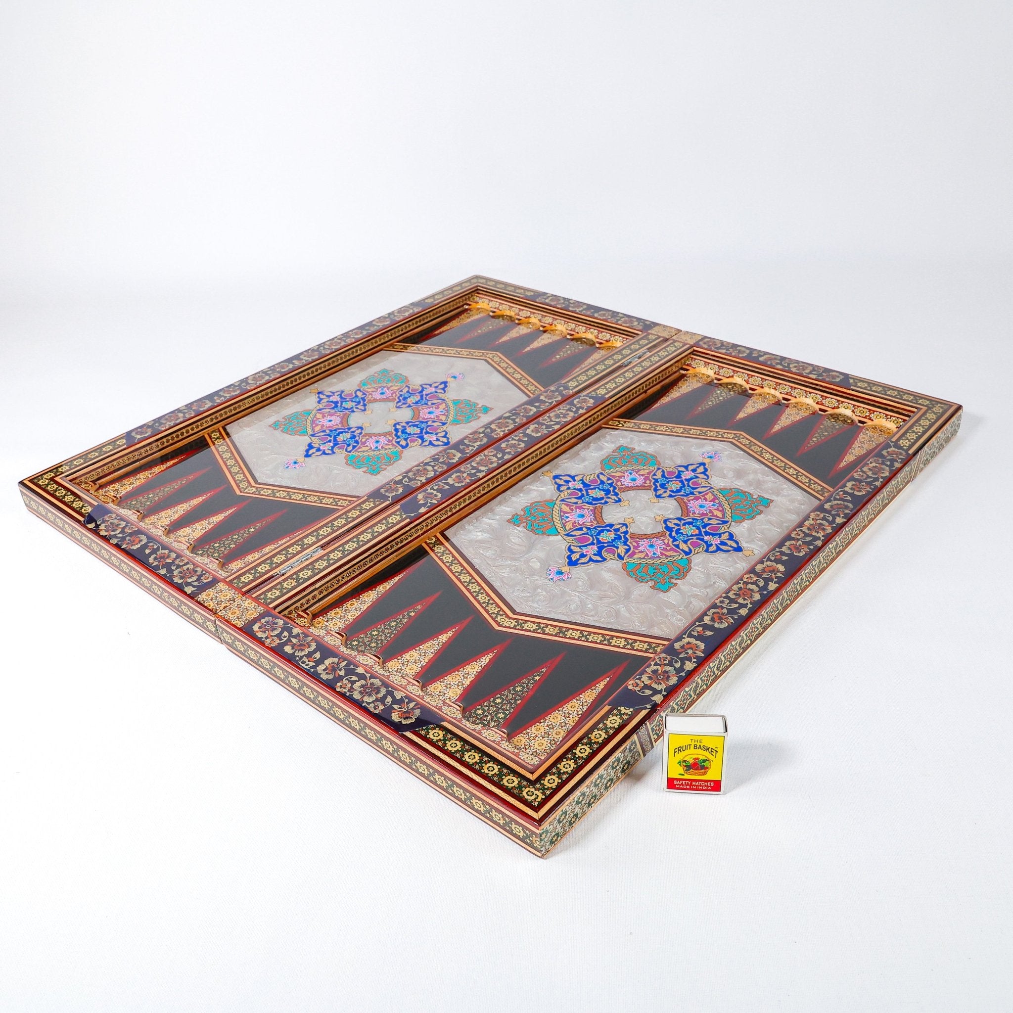 Backgammon Board – Full Khatam – Columned Design – Blue Tazhib – Size 60 cm - Meraas Gallery