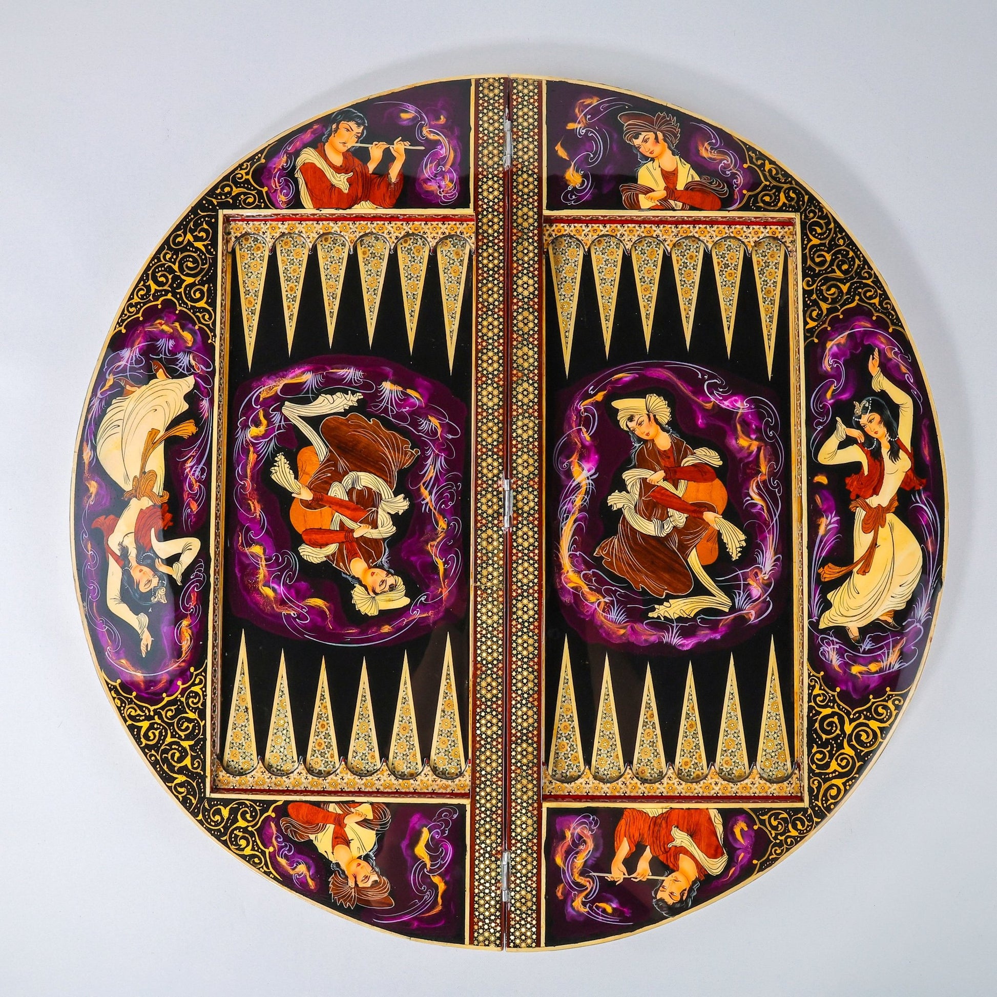Round Backgammon Board – Inlay (Laili & Majnun) – Shirazi Style – Design 01 – Size 70 cm - Meraas Gallery
