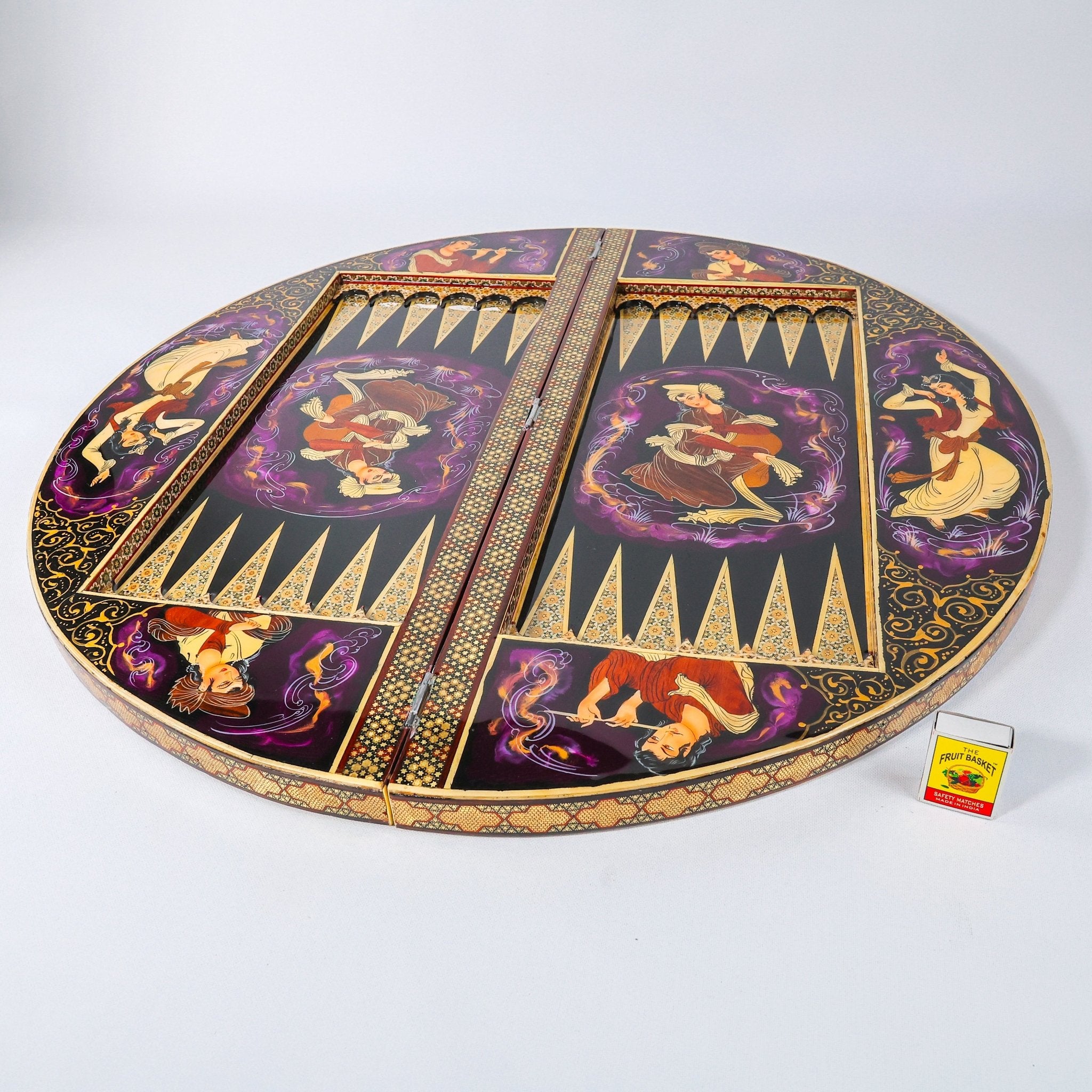 Round Backgammon Board – Inlay (Laili & Majnun) – Shirazi Style – Design 01 – Size 70 cm - Meraas Gallery