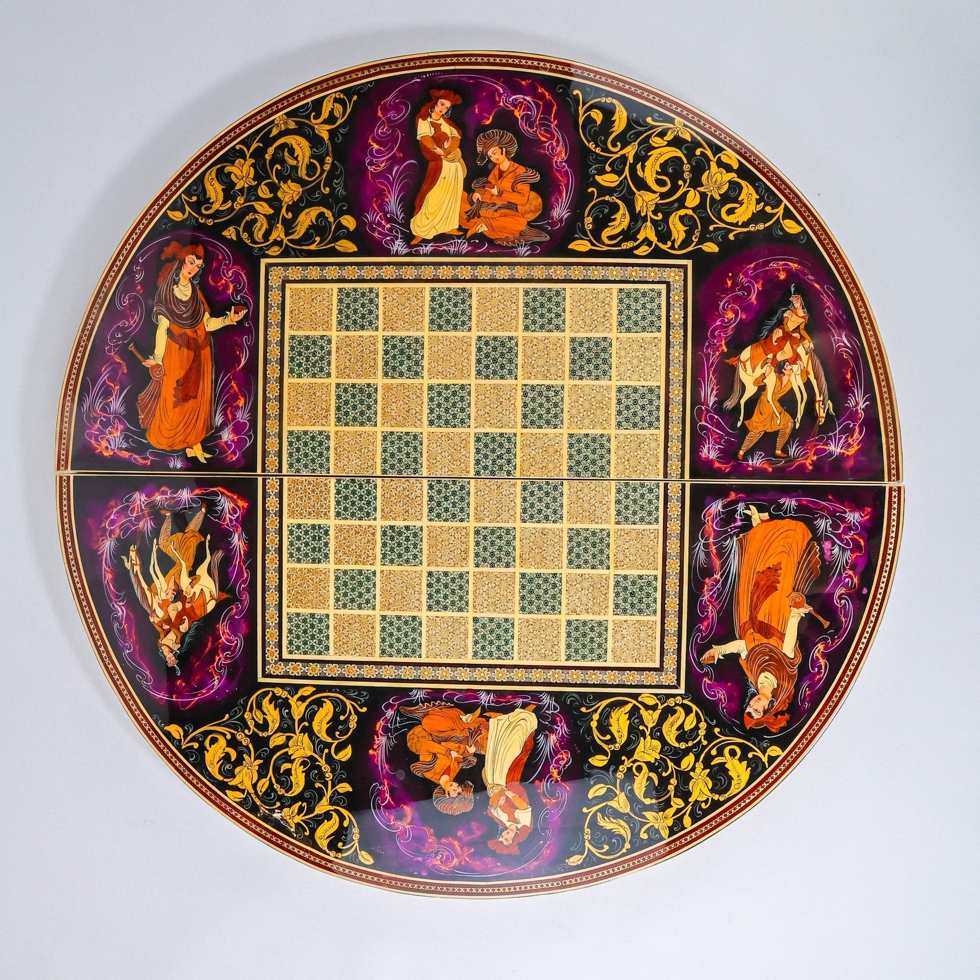 Round Backgammon Board – Inlay (Laili & Majnun) – Shirazi Style – Design 01 – Size 70 cm - Meraas Gallery