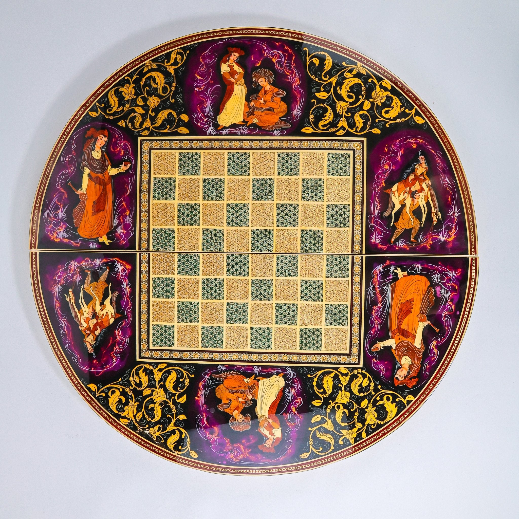 Round Backgammon Board – Inlay (Laili & Majnun) – Shirazi Style – Design 01 – Size 70 cm - Meraas Gallery