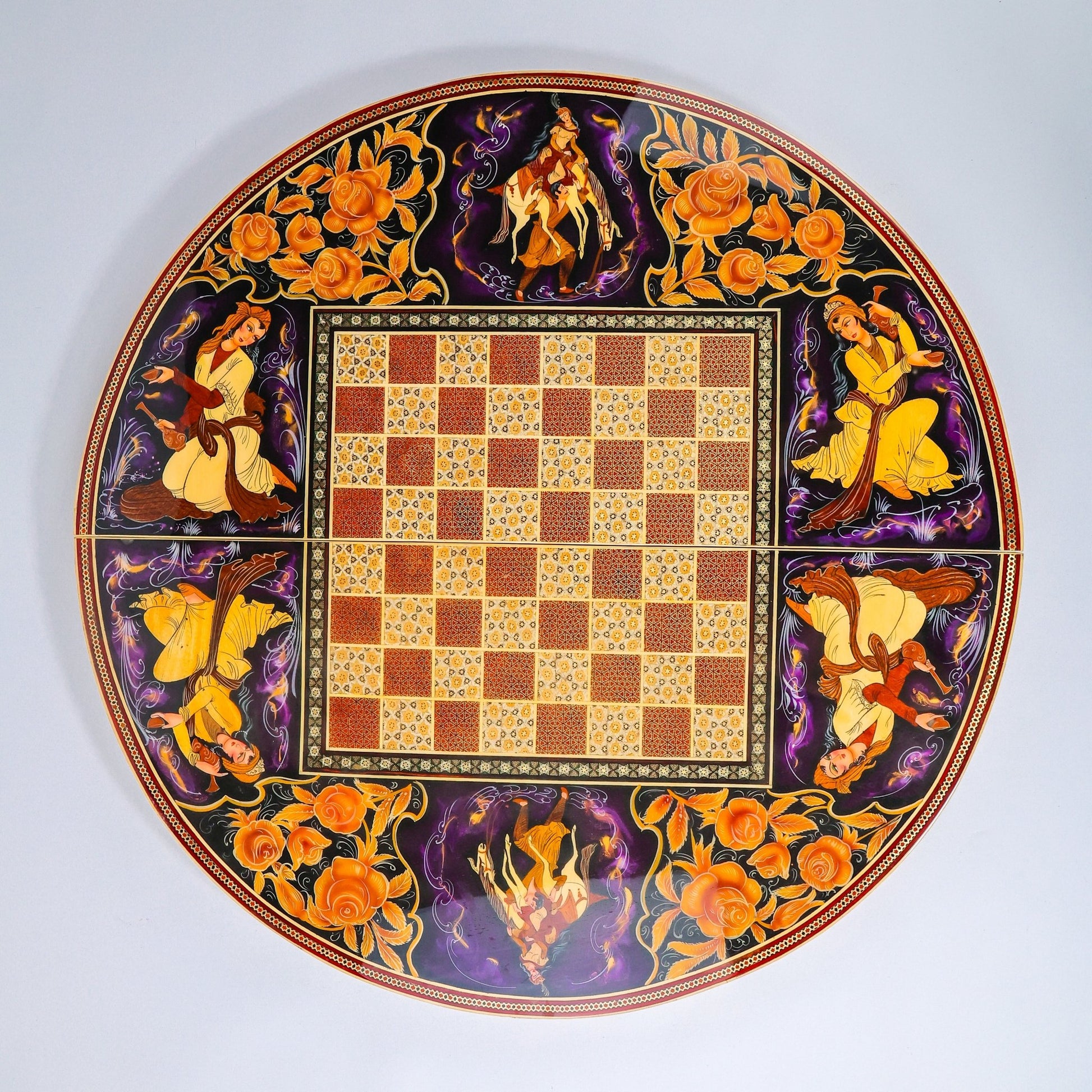 Round Backgammon Board – Inlay (Laili & Majnun) – Shirazi Style – Design 02 – Size 70 cm - Meraas Gallery