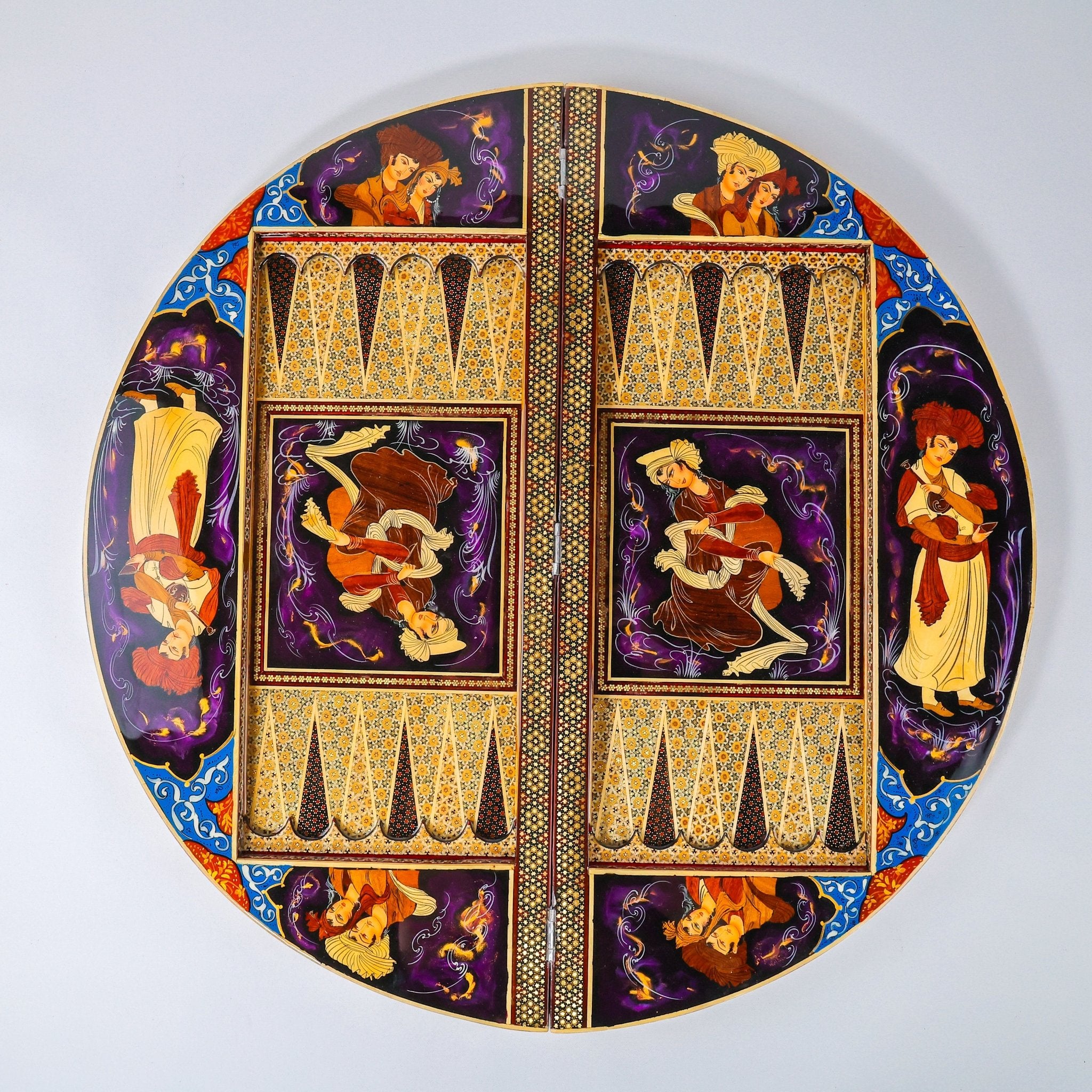 Round Backgammon Board – Inlay (Laili & Majnun) – Shirazi Style – Design 02 – Size 70 cm - Meraas Gallery