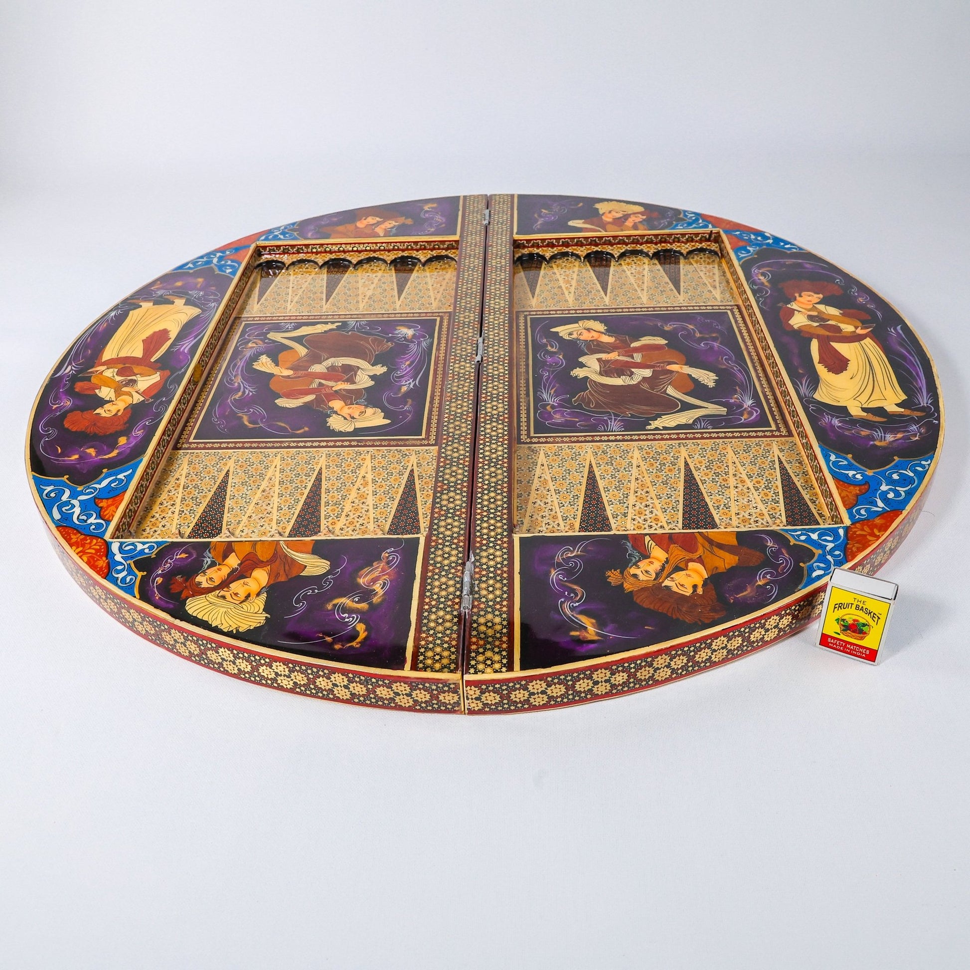 Round Backgammon Board – Inlay (Laili & Majnun) – Shirazi Style – Design 02 – Size 70 cm - Meraas Gallery
