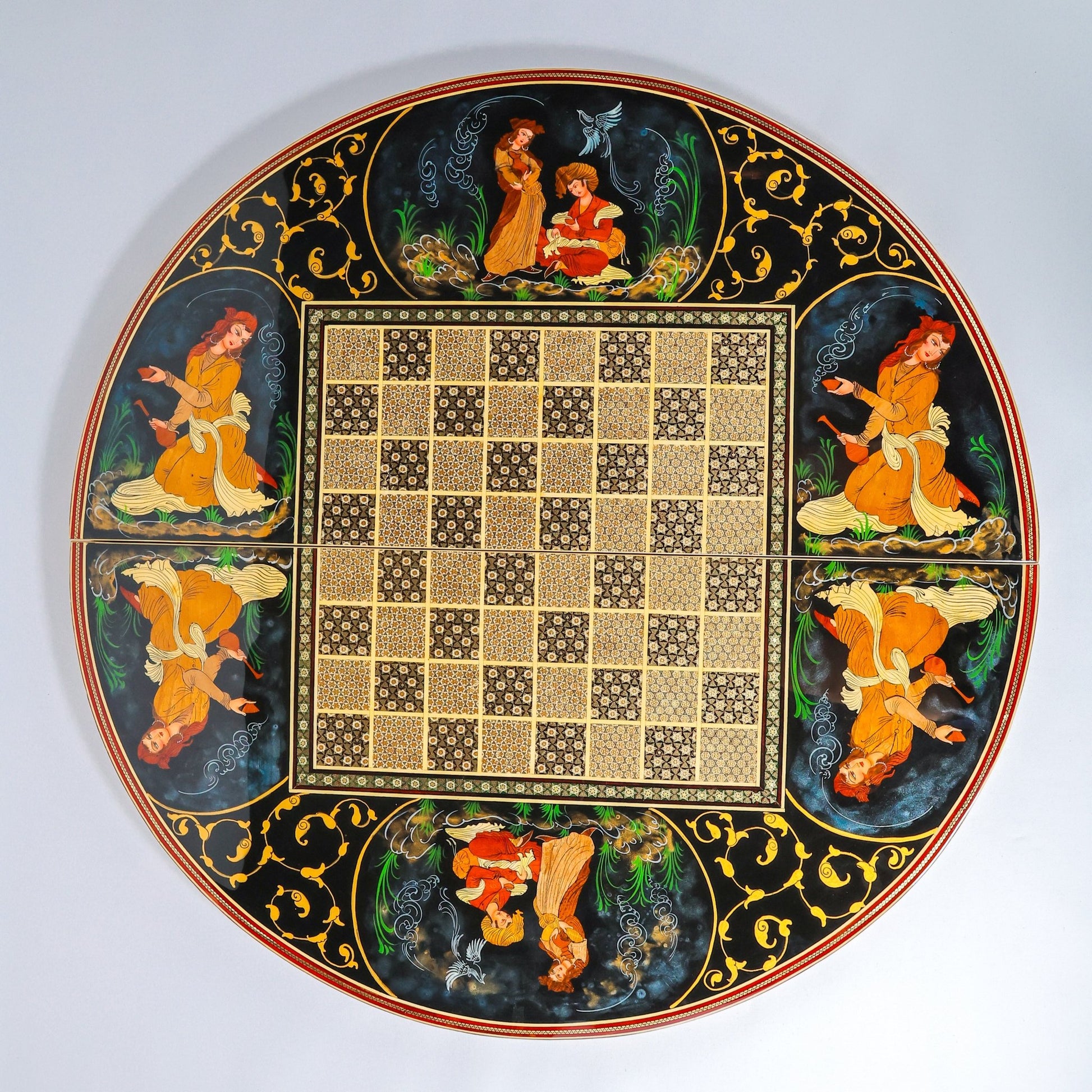 Round Backgammon Board – Inlay (Laili & Majnun) – Shirazi Style – Design 01 – Size 80 cm - Meraas Gallery