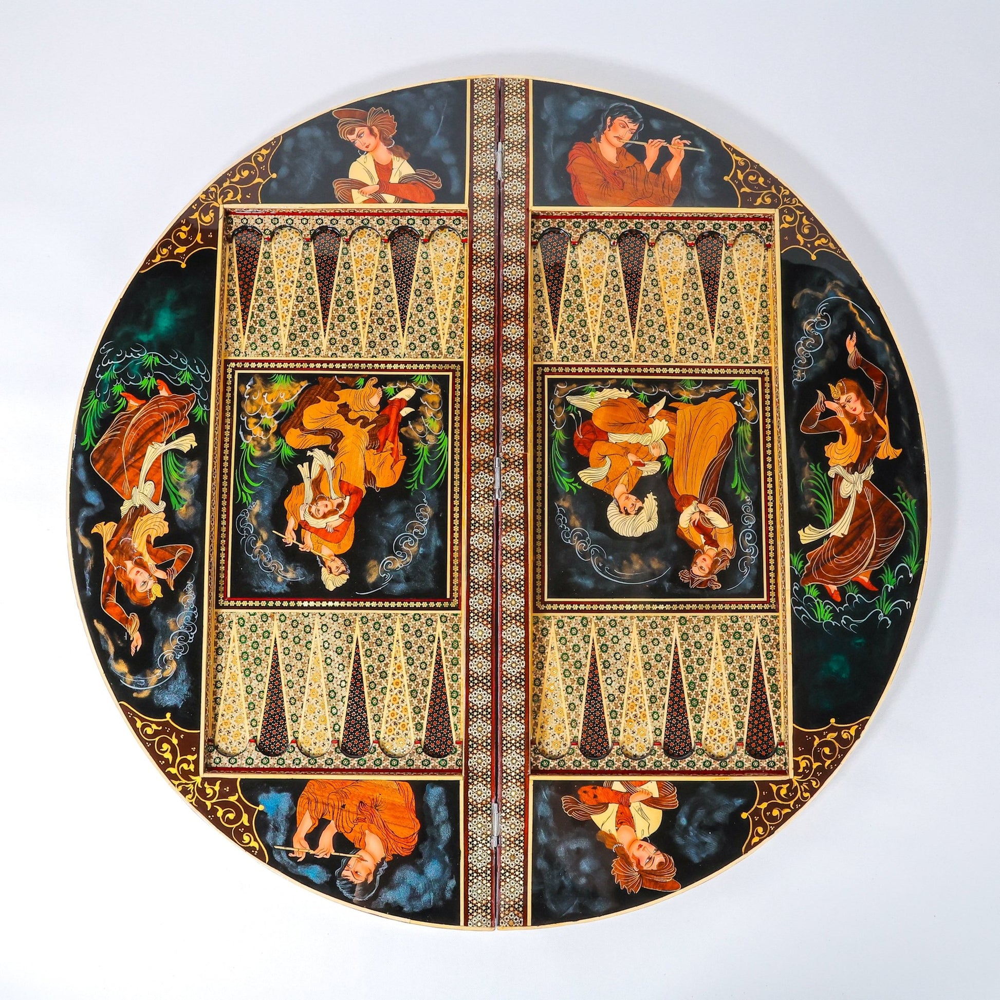 Round Backgammon Board – Inlay (Laili & Majnun) – Shirazi Style – Design 01 – Size 80 cm - Meraas Gallery