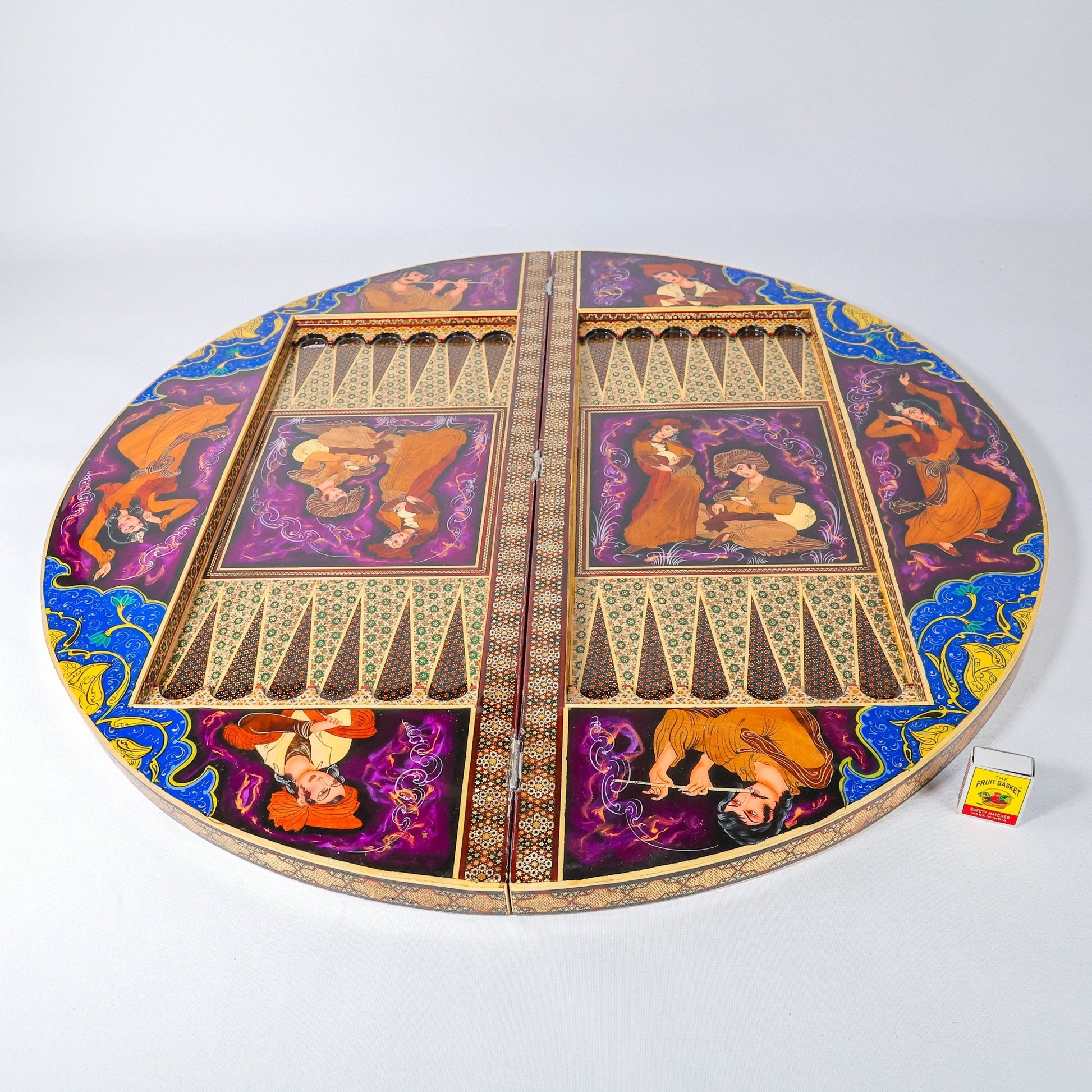 Round Backgammon Board – Inlay (Laili & Majnun) – Shirazi Style – Design 02 – Size 80 cm - Meraas Gallery