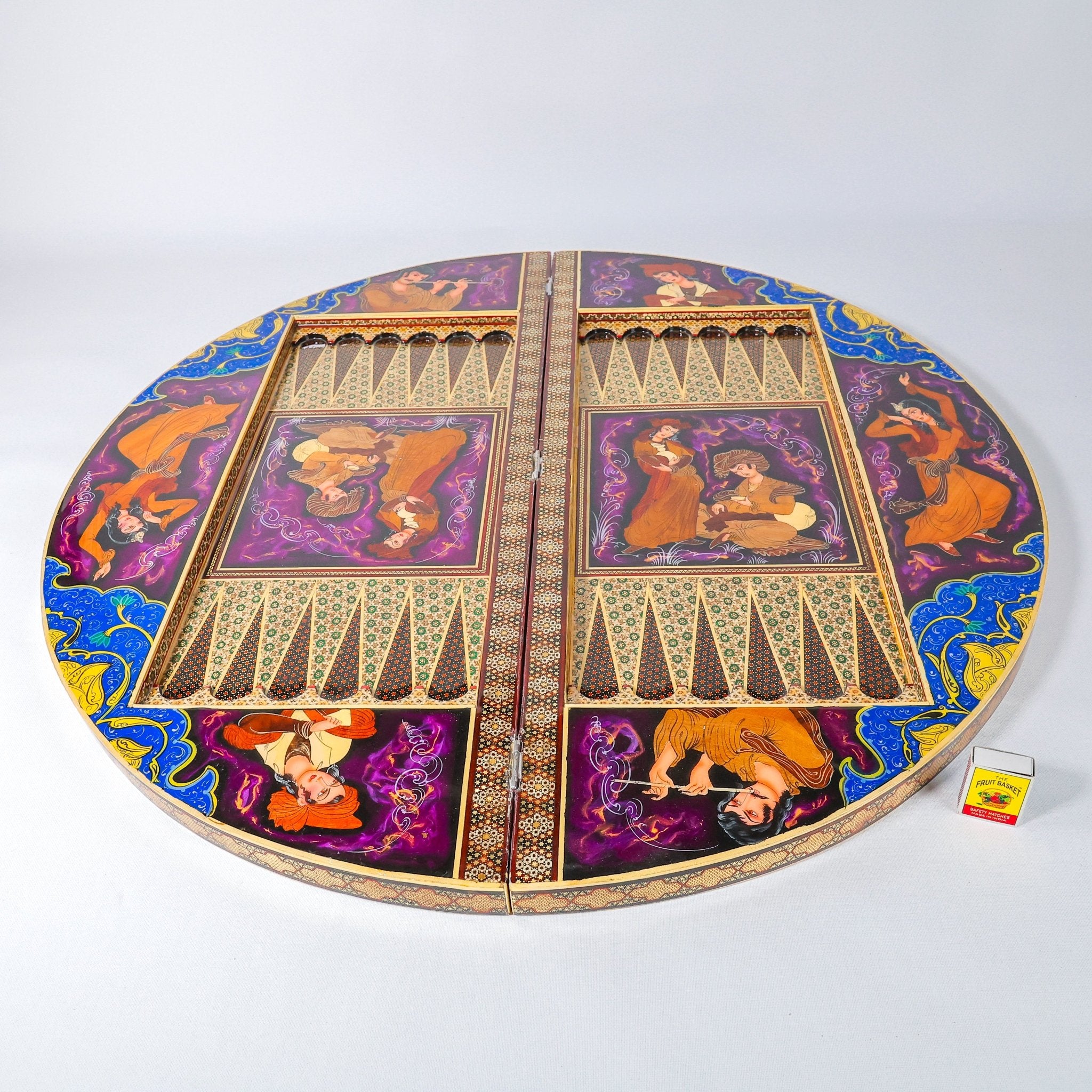 Round Backgammon Board – Inlay (Laili & Majnun) – Shirazi Style – Design 02 – Size 80 cm - Meraas Gallery