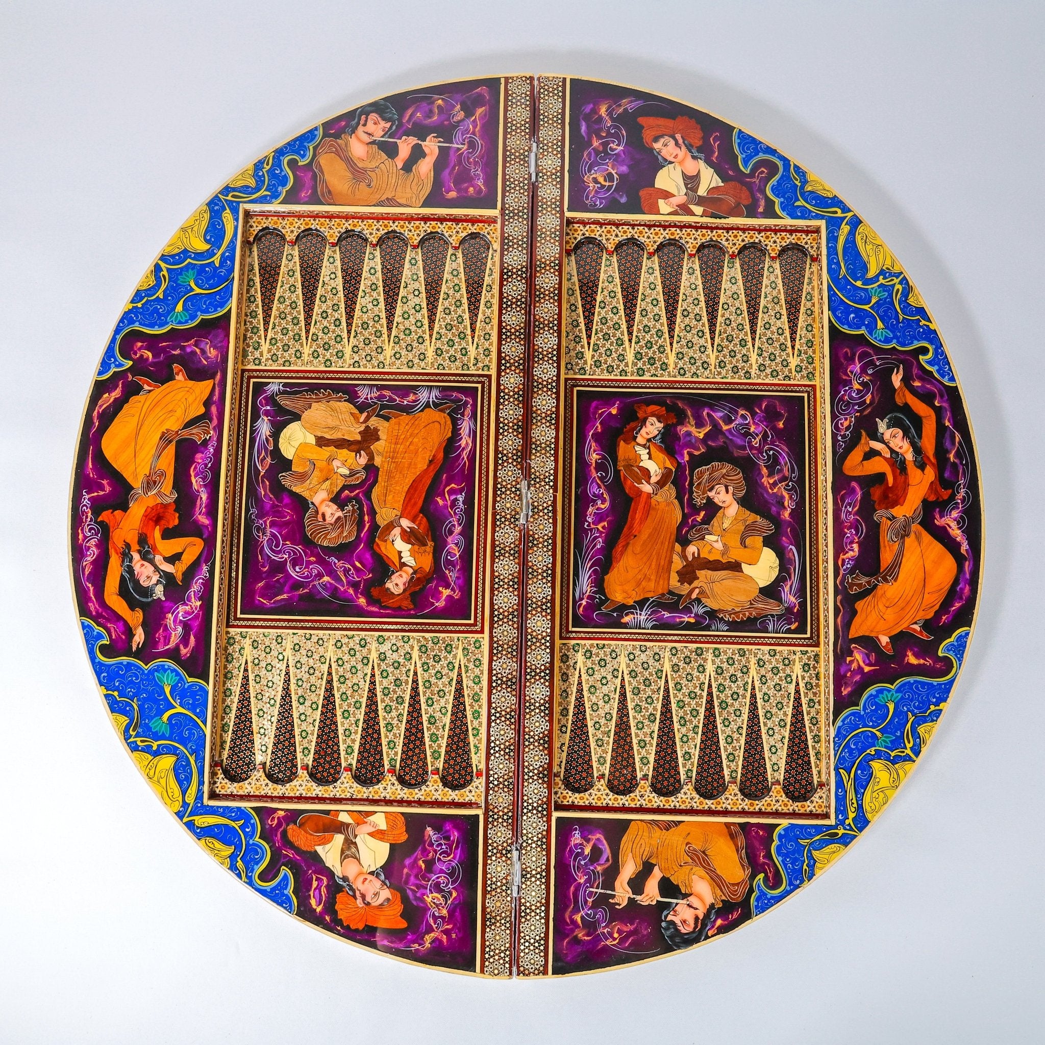 Round Backgammon Board – Inlay (Laili & Majnun) – Shirazi Style – Design 02 – Size 80 cm - Meraas Gallery