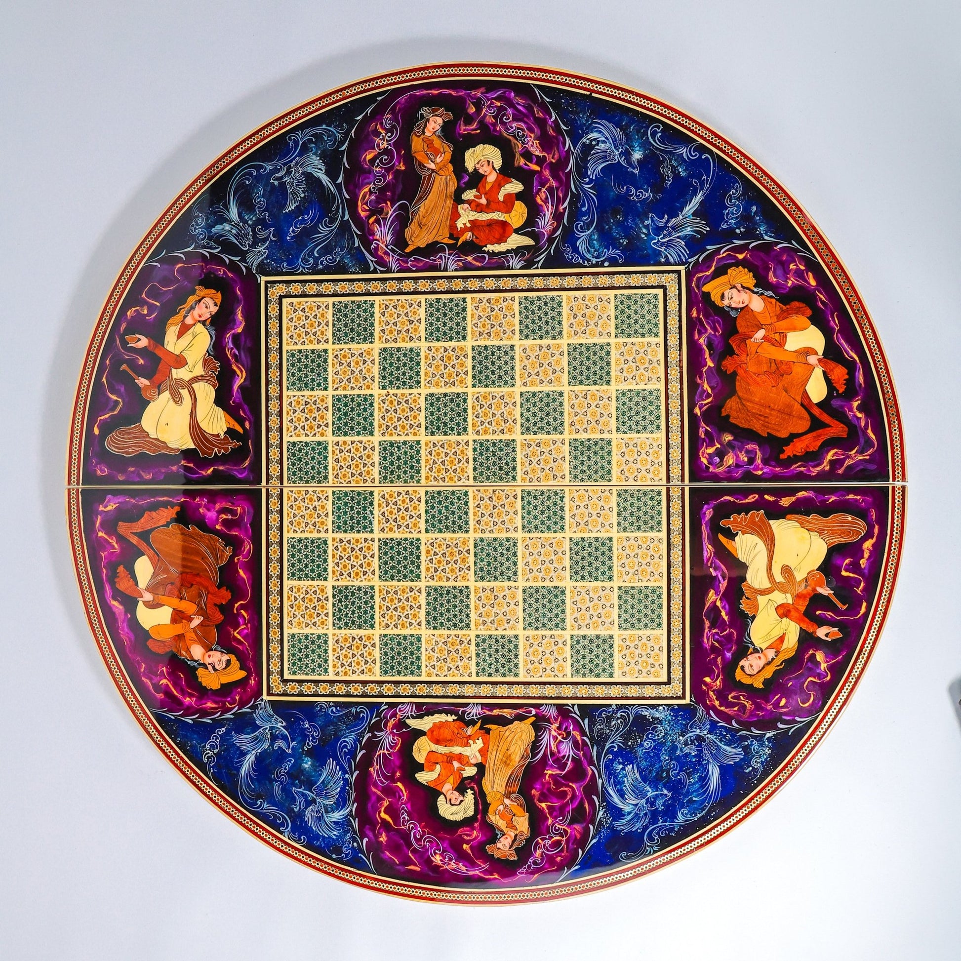 Round Backgammon Board – Inlay (Laili & Majnun) – Shirazi Style – Design 02 – Size 80 cm - Meraas Gallery