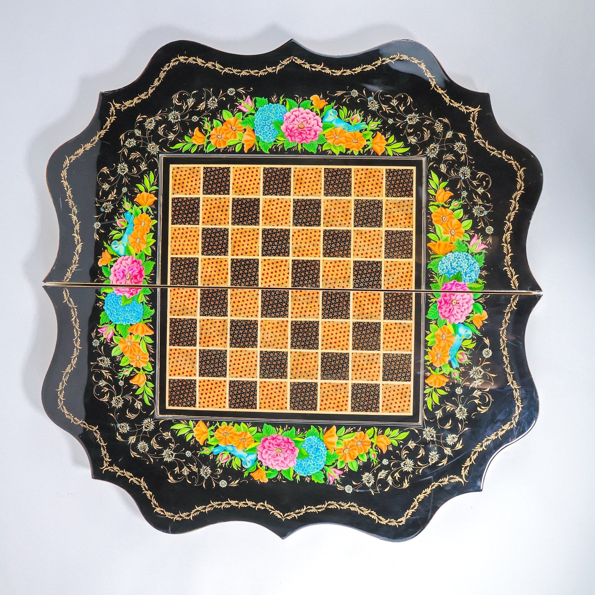 Backgammon Board – Scalloped Edge – Shirazi Hand - Painted – Design 01 – Size 70 cm - Meraas Gallery