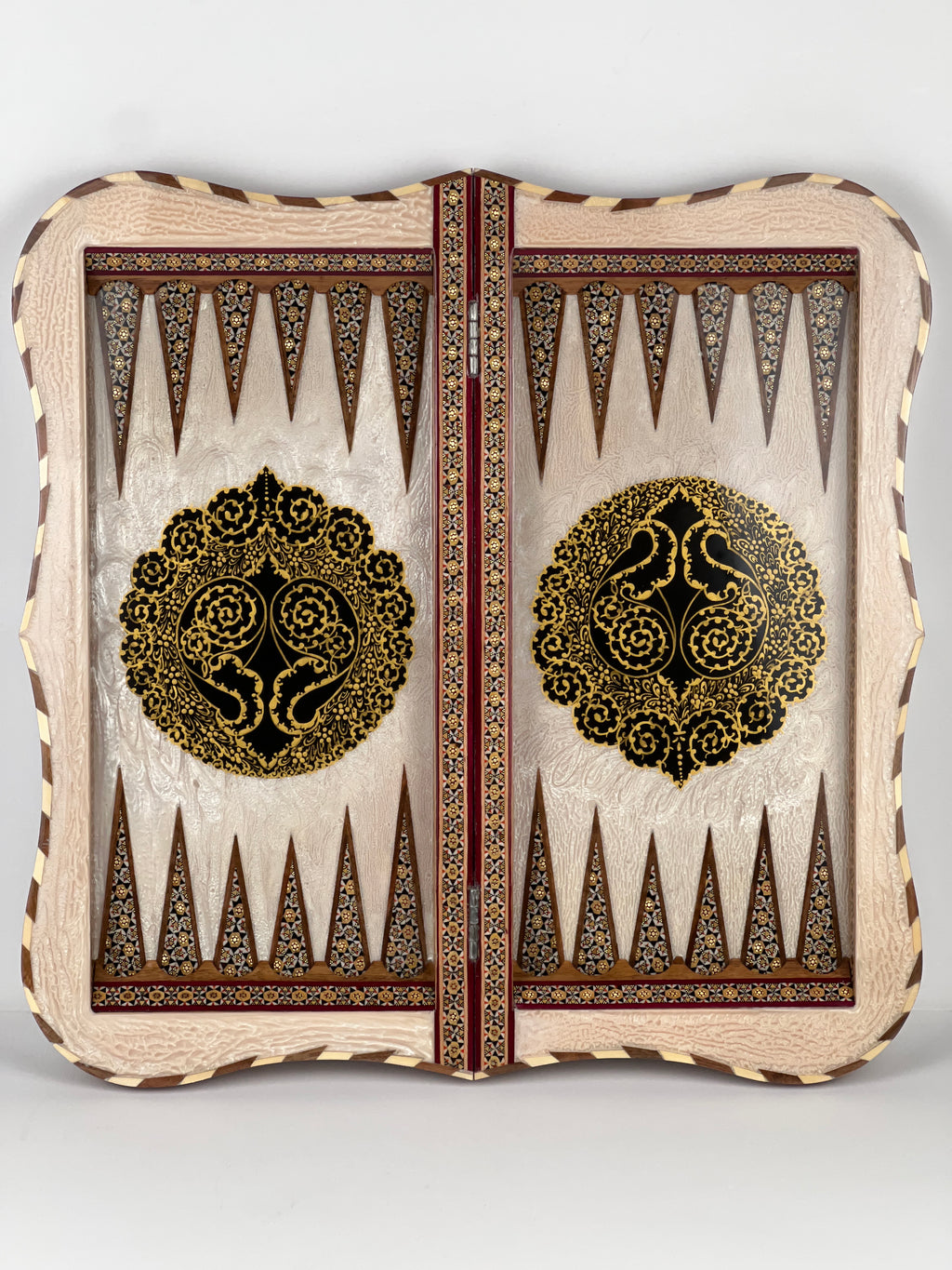 Backgammon & Chess Board - Full Khatam - Size 50 - Wavy Edge - Polo Scene - Siyah Qalam Style