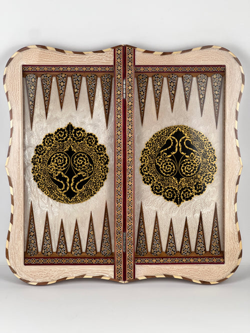 Backgammon & Chess Board - Full Khatam - Size 50 - Wavy Edge - Polo Scene - Siyah Qalam Style