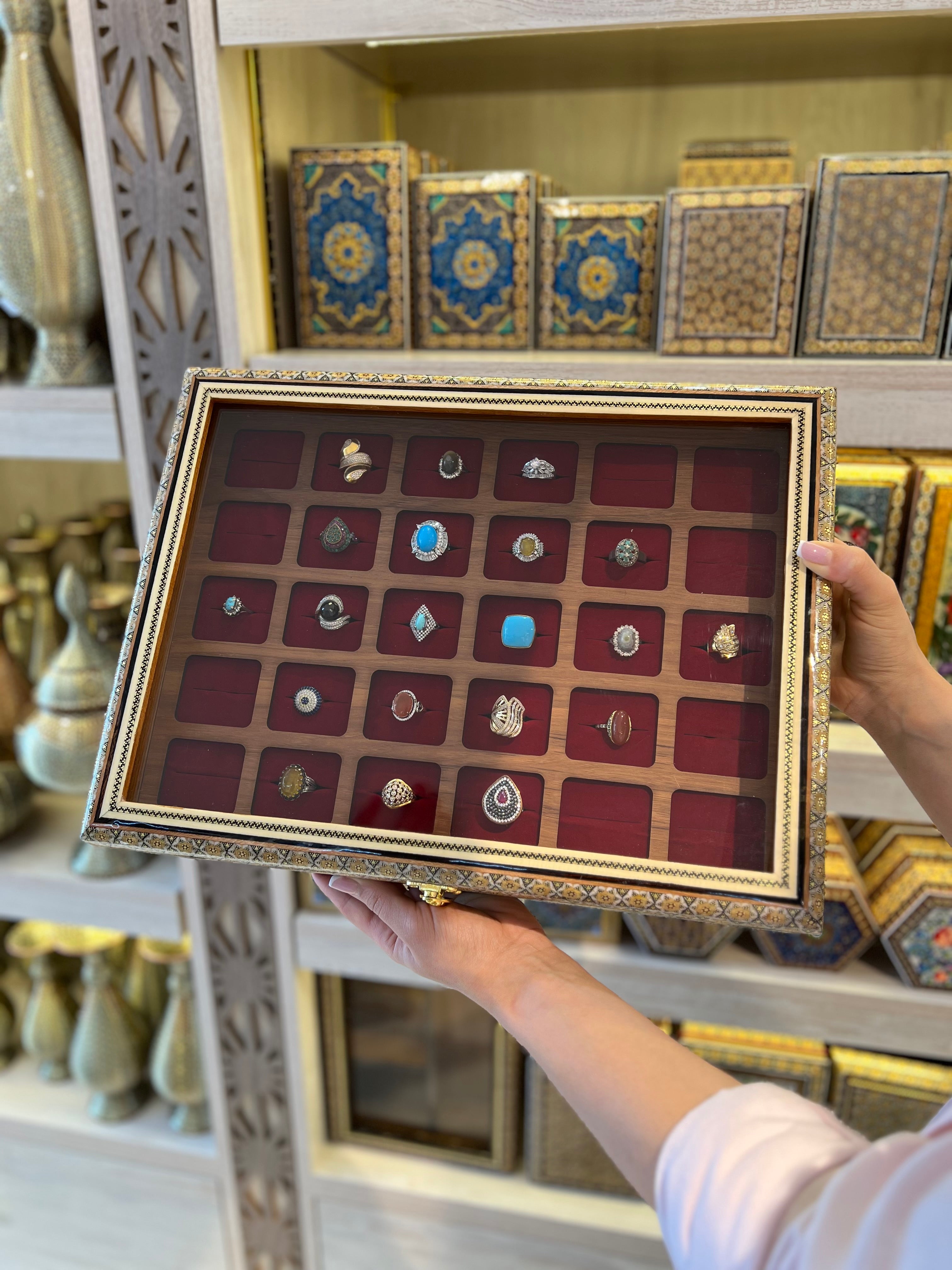 Ring Box - 30 Slots - Size 40×30 - Khatam Design with Velvet Foam