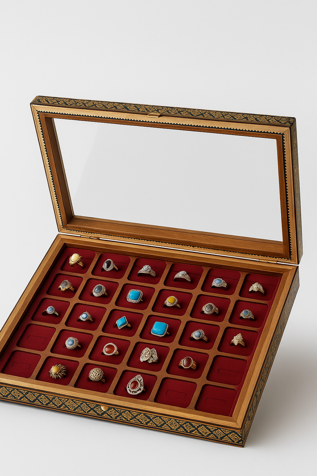 Ring Box - 30 Slots - Size 40×30 - Khatam Design with Velvet Foam
