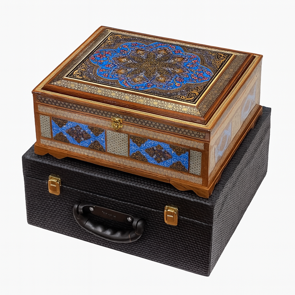 Box - Size 30x40 - Premium Khatam - Tazhib Lid - Khatam Interior - With Leather Case