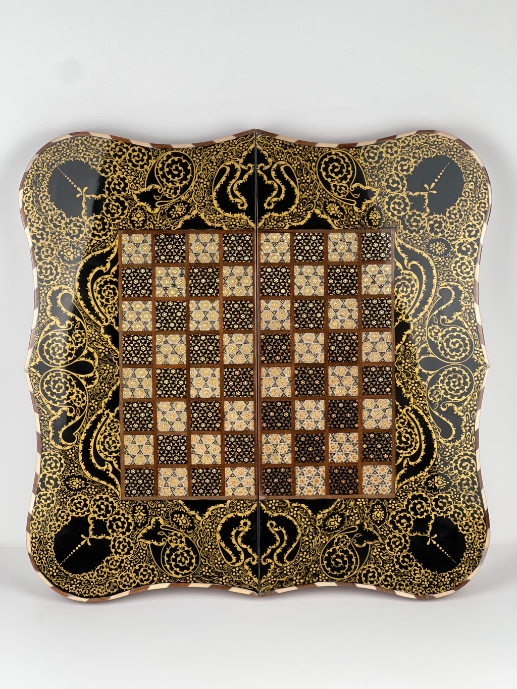 Backgammon & Chess Board - Full Khatam - Size 50 - Wavy Edge - Polo Scene - Siyah Qalam Style