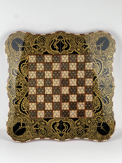 Backgammon & Chess Board - Full Khatam - Size 50 - Wavy Edge - Polo Scene - Siyah Qalam Style