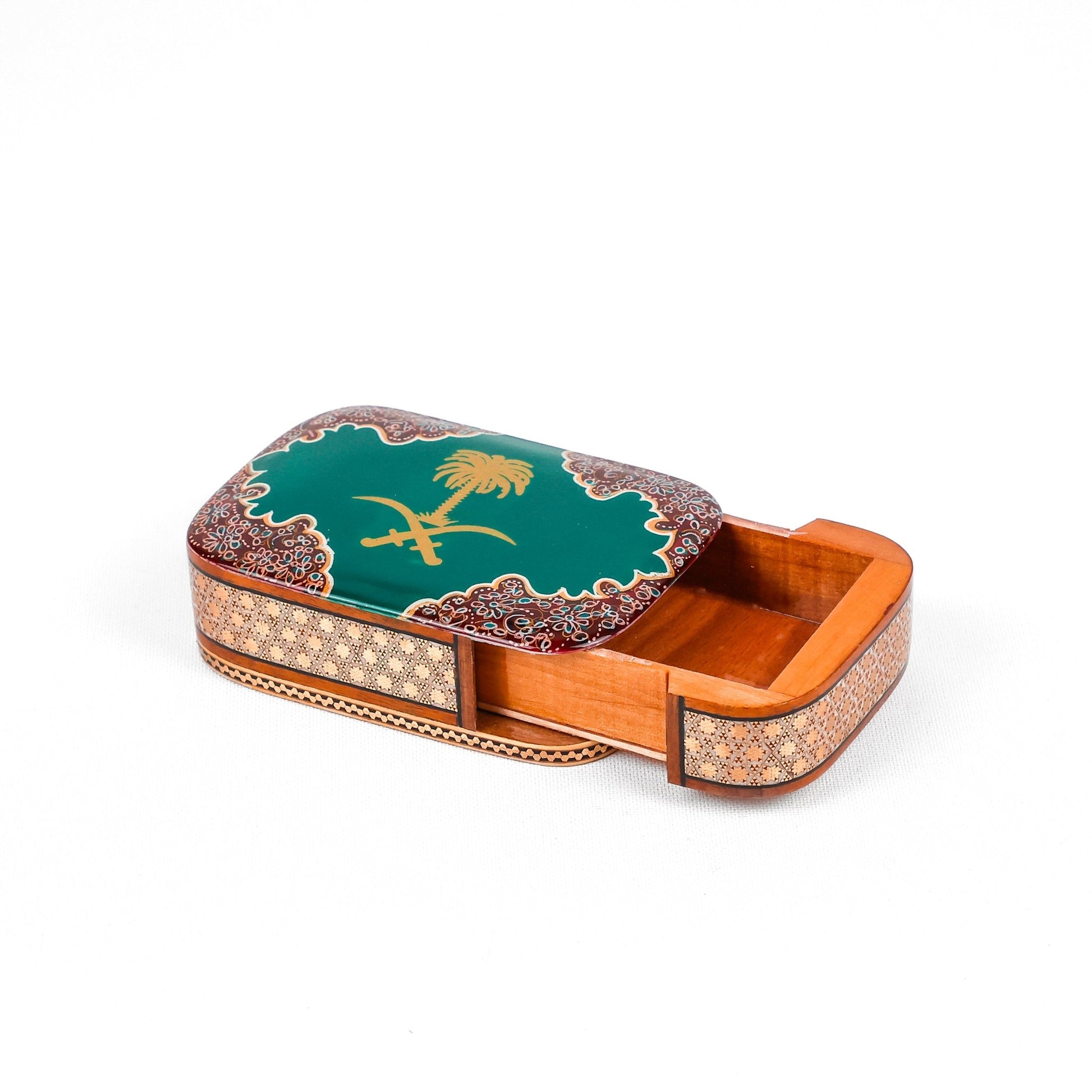 Sliding Oud Box – Size 8 × 11 cm – Saudi Logo – Green Color – Customer Sample - Meraas Gallery