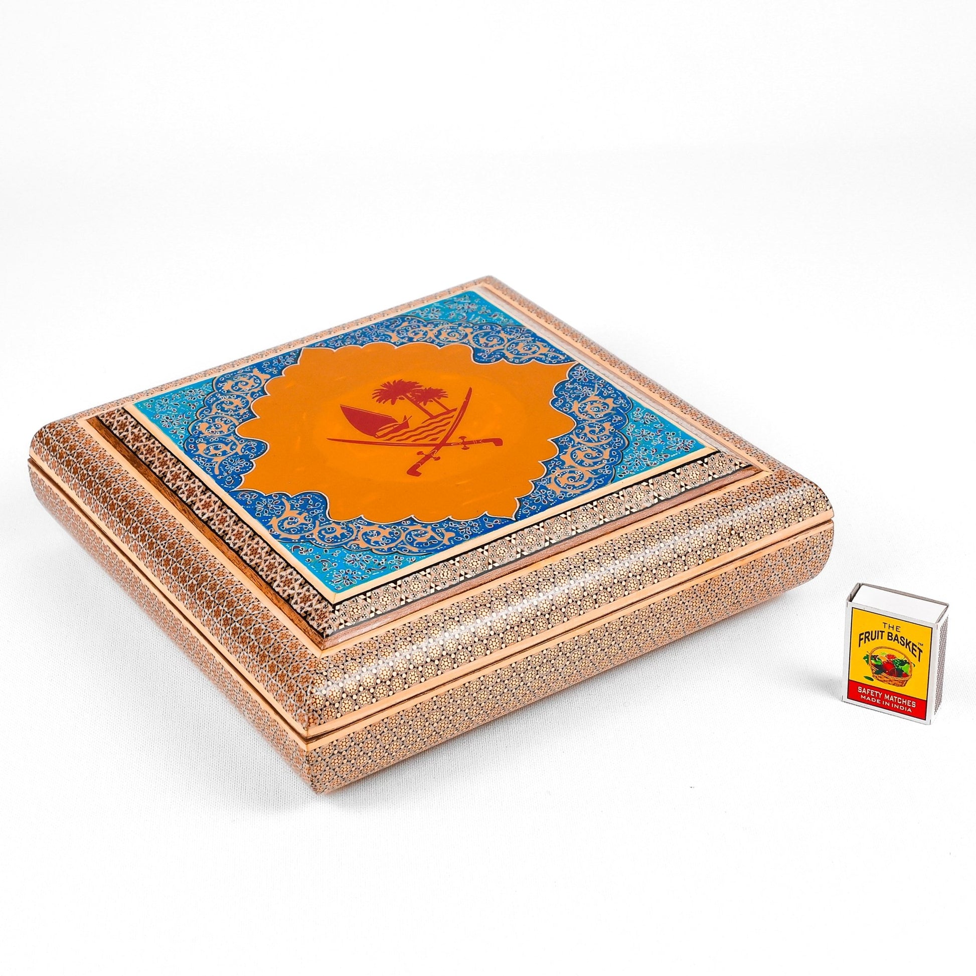 Large Oud Box – Premium Khatam – Qatar Logo – Yellow Color – Customer Sample - Meraas Gallery