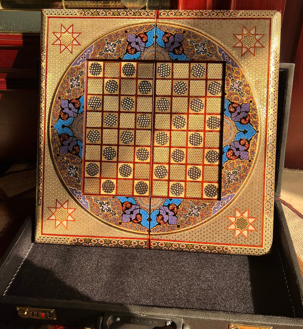 Backgammon & Chess Board - Size 50 - Round Top - Premium - Khatam with Mother-of-Pearl - Tazhib