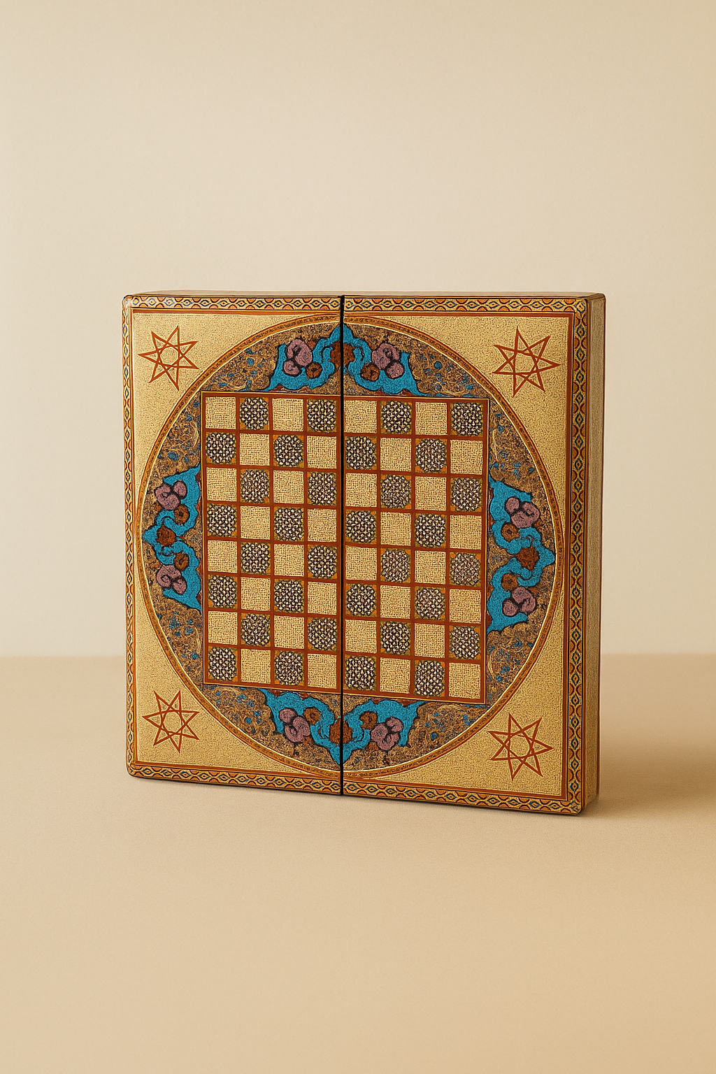 Backgammon & Chess Board - Size 50 - Round Top - Premium - Khatam with Mother-of-Pearl - Tazhib