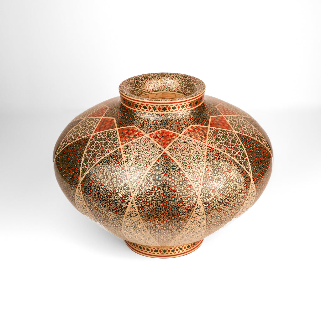 Wide-Mouth Wooden Vessel - Height 23 cm x Width 30 cm - Premium Khatam - Lattice Design