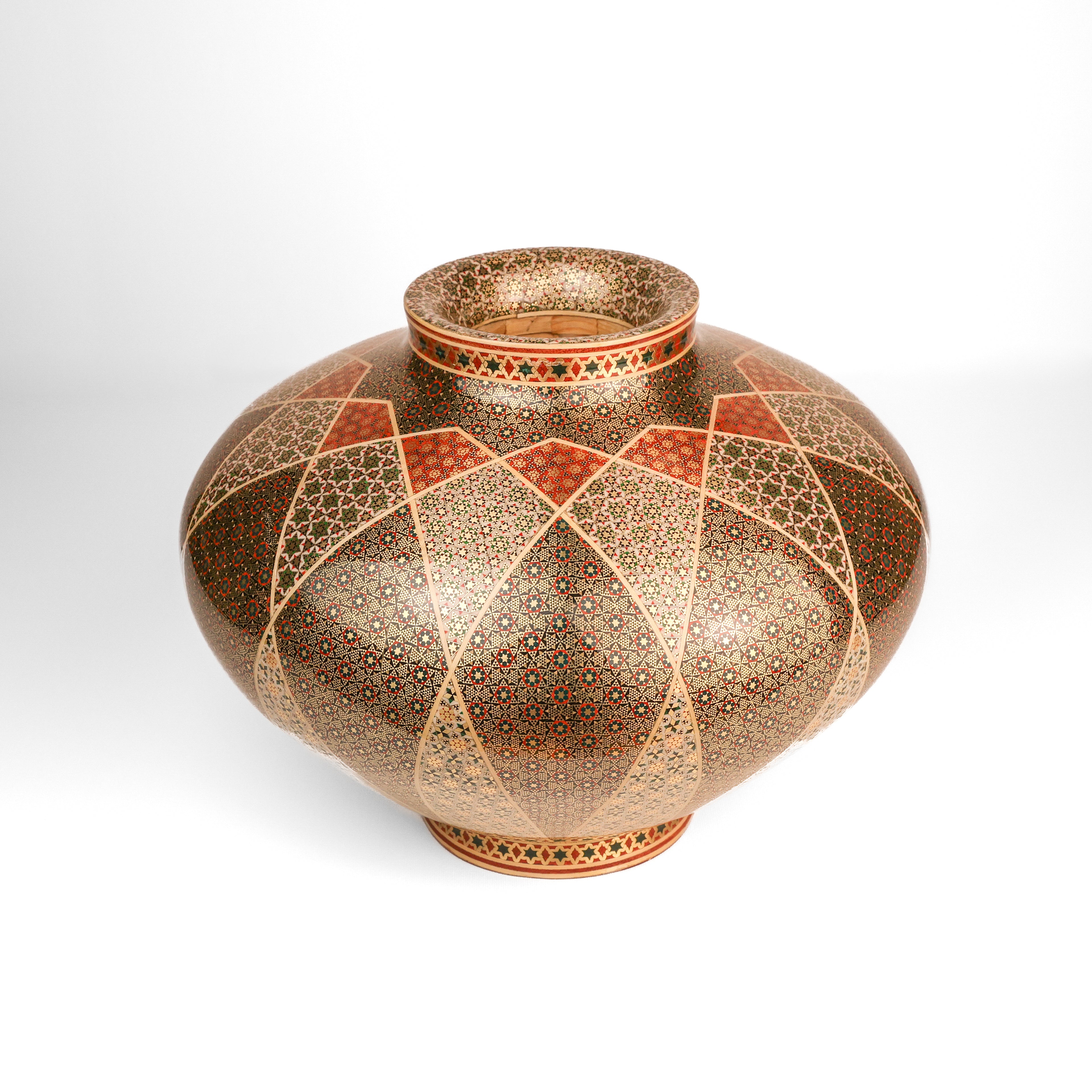 Wide-Mouth Wooden Vessel - Height 23 cm x Width 30 cm - Premium Khatam - Lattice Design
