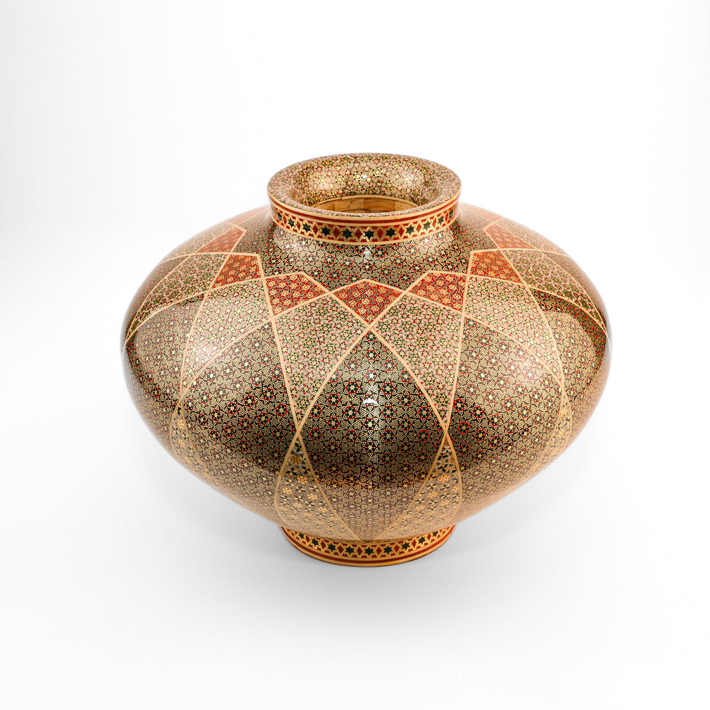 Wide-Mouth Wooden Vessel - Height 23 cm x Width 30 cm - Premium Khatam - Lattice Design